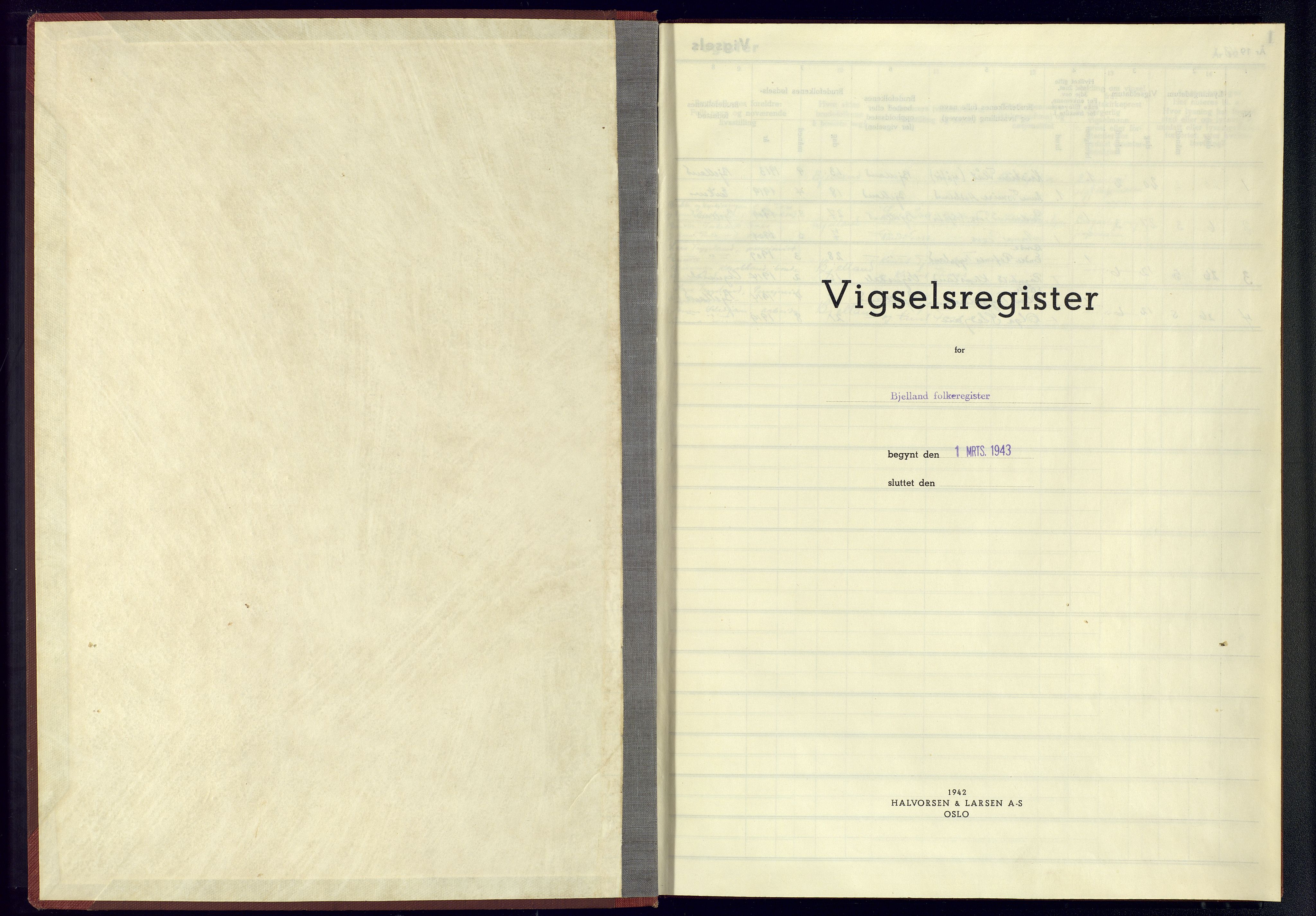 Bjelland sokneprestkontor, SAK/1111-0005/J/Jb/L0003: Vigselsregister nr. II.6.3, 1943-1945