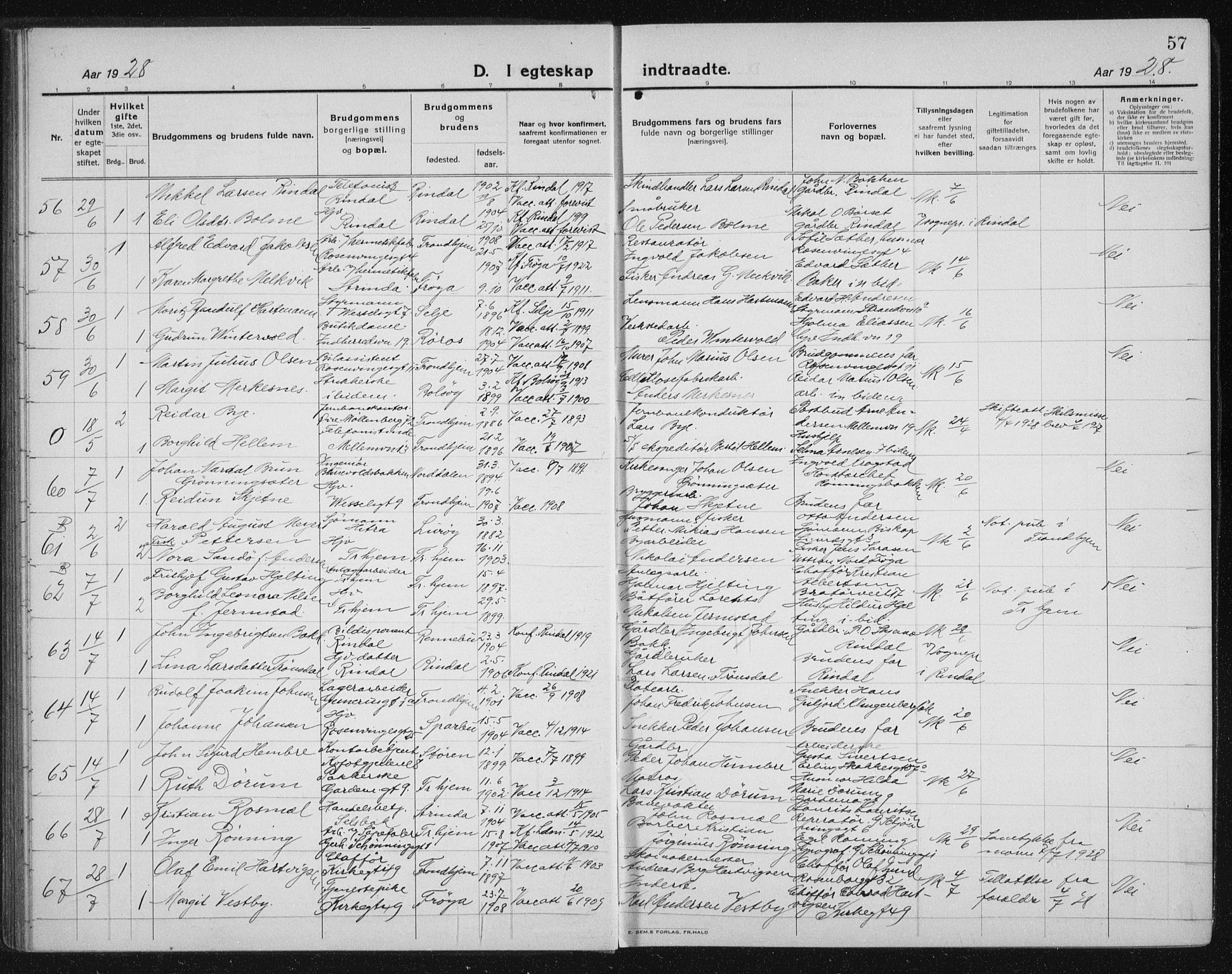 Ministerialprotokoller, klokkerbøker og fødselsregistre - Sør-Trøndelag, AV/SAT-A-1456/605/L0260: Klokkerbok nr. 605C07, 1922-1942, s. 57