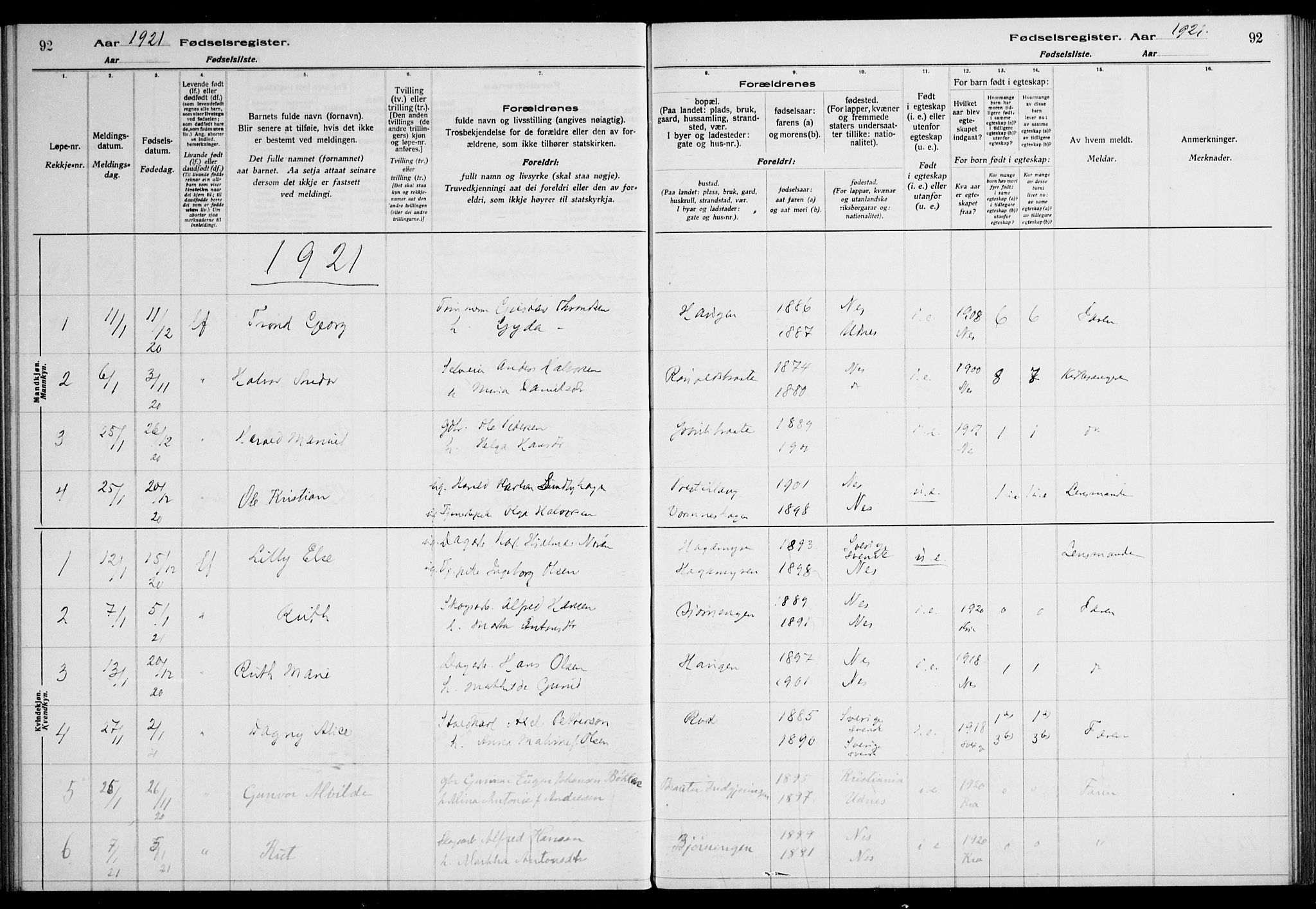 Nes prestekontor Kirkebøker, AV/SAO-A-10410/J/Ja/L0001: Fødselsregister nr. 1, 1916-1926, s. 92