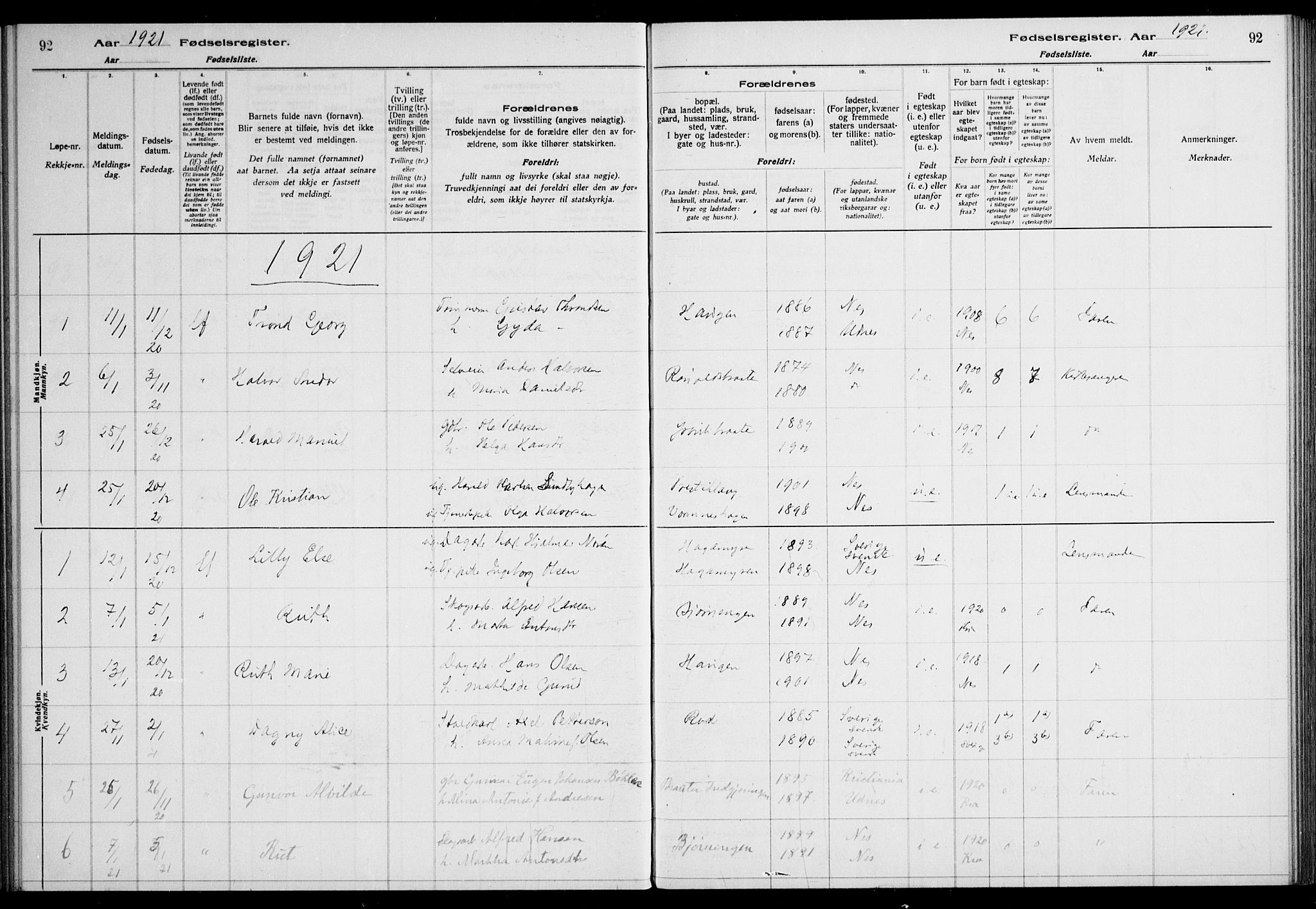 Nes prestekontor Kirkebøker, SAO/A-10410/J/Ja/L0001: Fødselsregister nr. 1, 1916-1926, s. 92