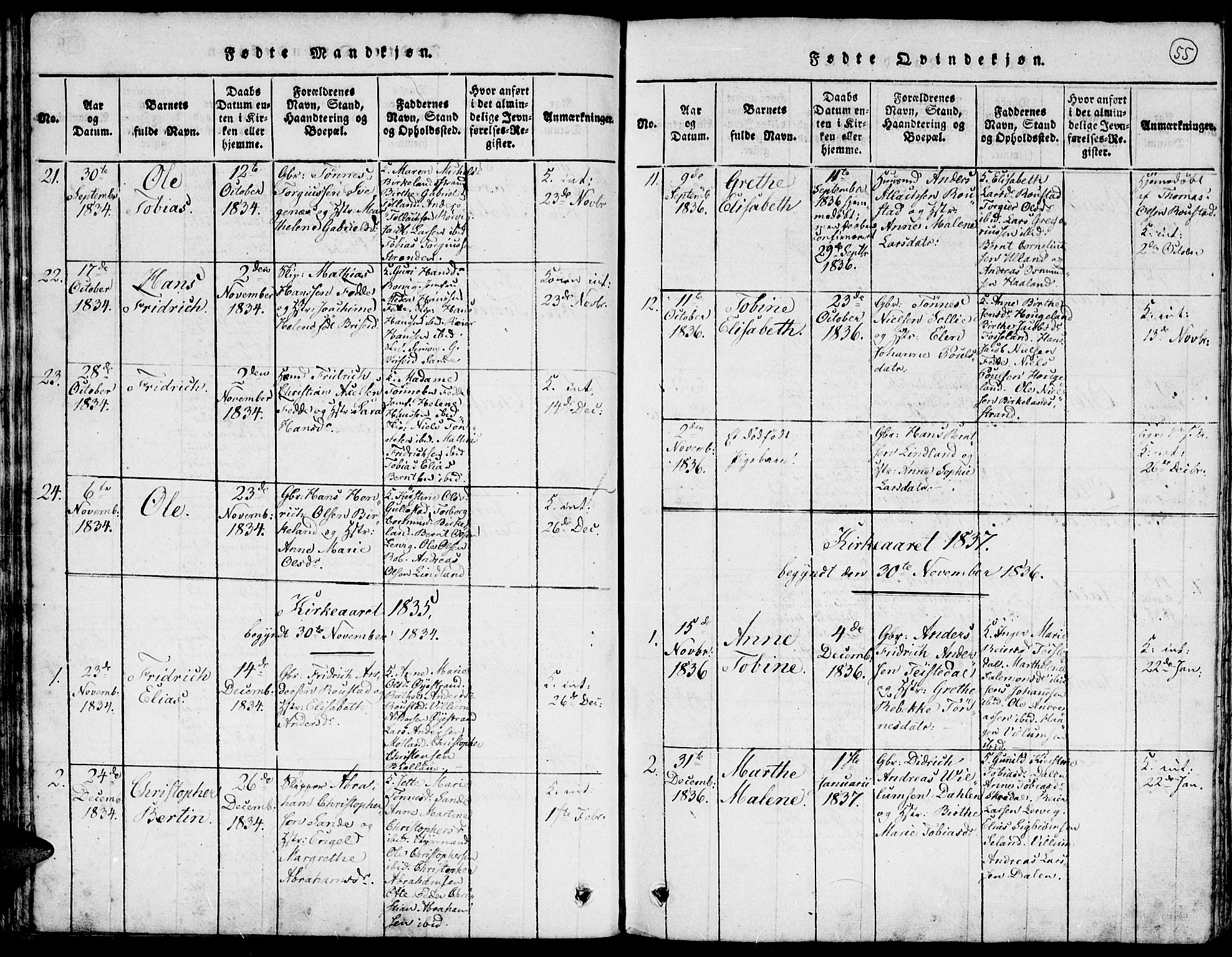 Kvinesdal sokneprestkontor, SAK/1111-0026/F/Fa/Faa/L0001: Ministerialbok nr. A 1, 1815-1849, s. 55