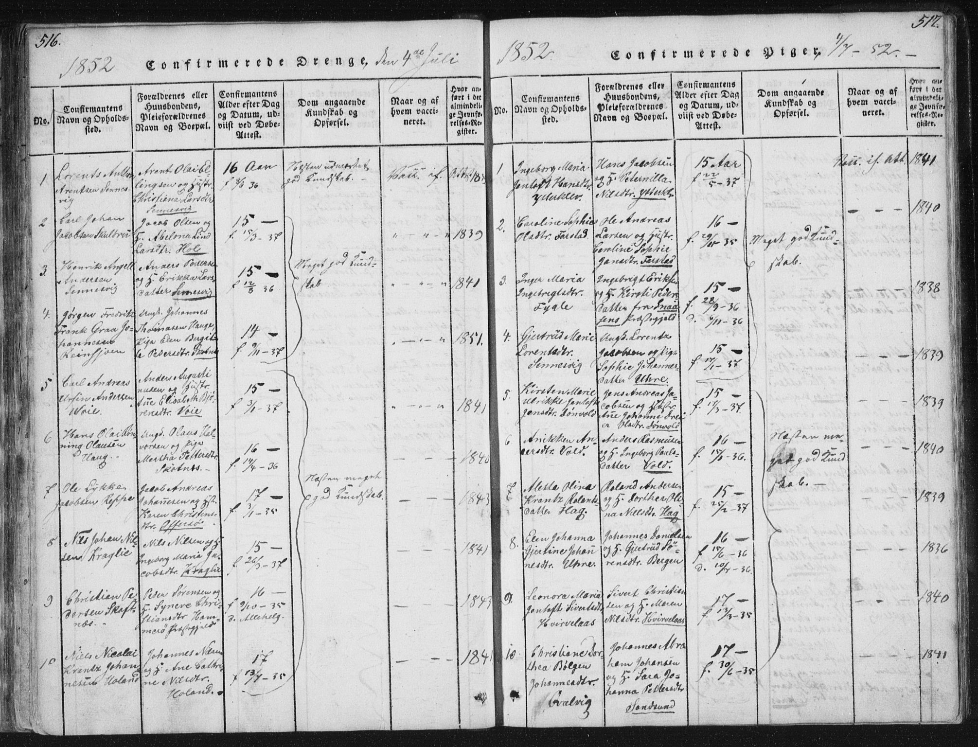 Ministerialprotokoller, klokkerbøker og fødselsregistre - Nordland, AV/SAT-A-1459/881/L1164: Klokkerbok nr. 881C01, 1818-1853, s. 516-517
