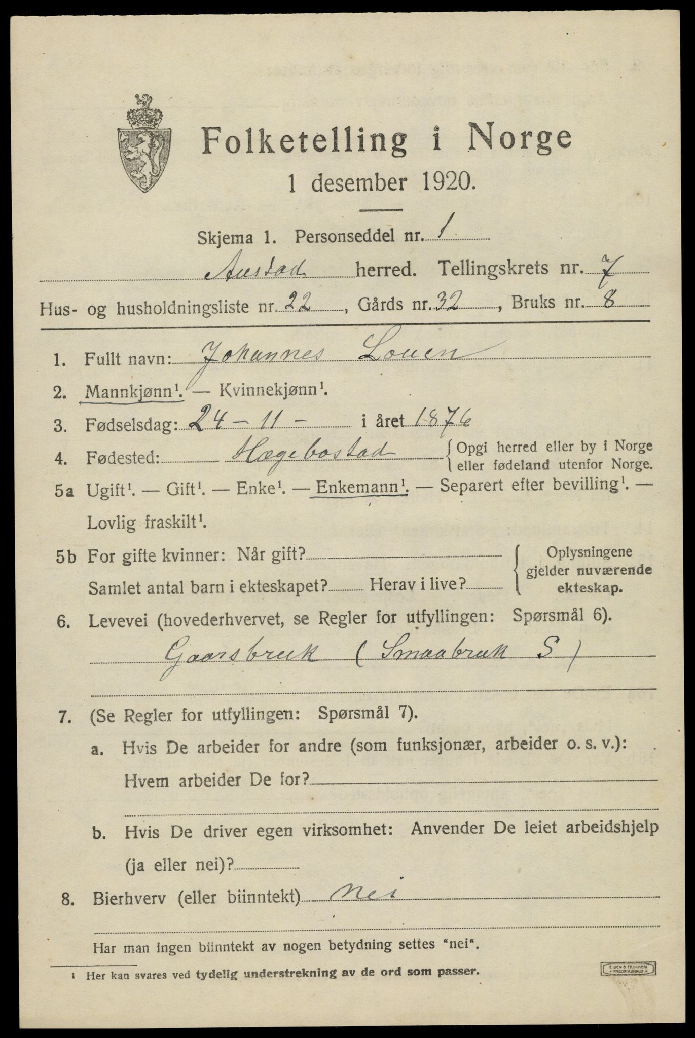 SAK, Folketelling 1920 for 1031 Austad herred, 1920, s. 2487