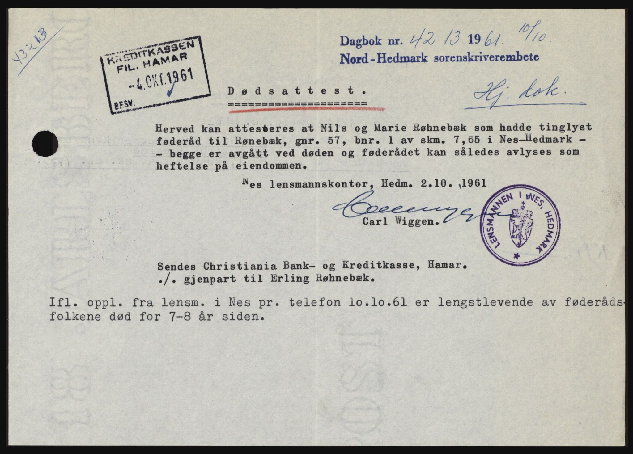 Nord-Hedmark sorenskriveri, SAH/TING-012/H/Hc/L0015: Pantebok nr. 15, 1961-1961, Dagboknr: 4213/1961