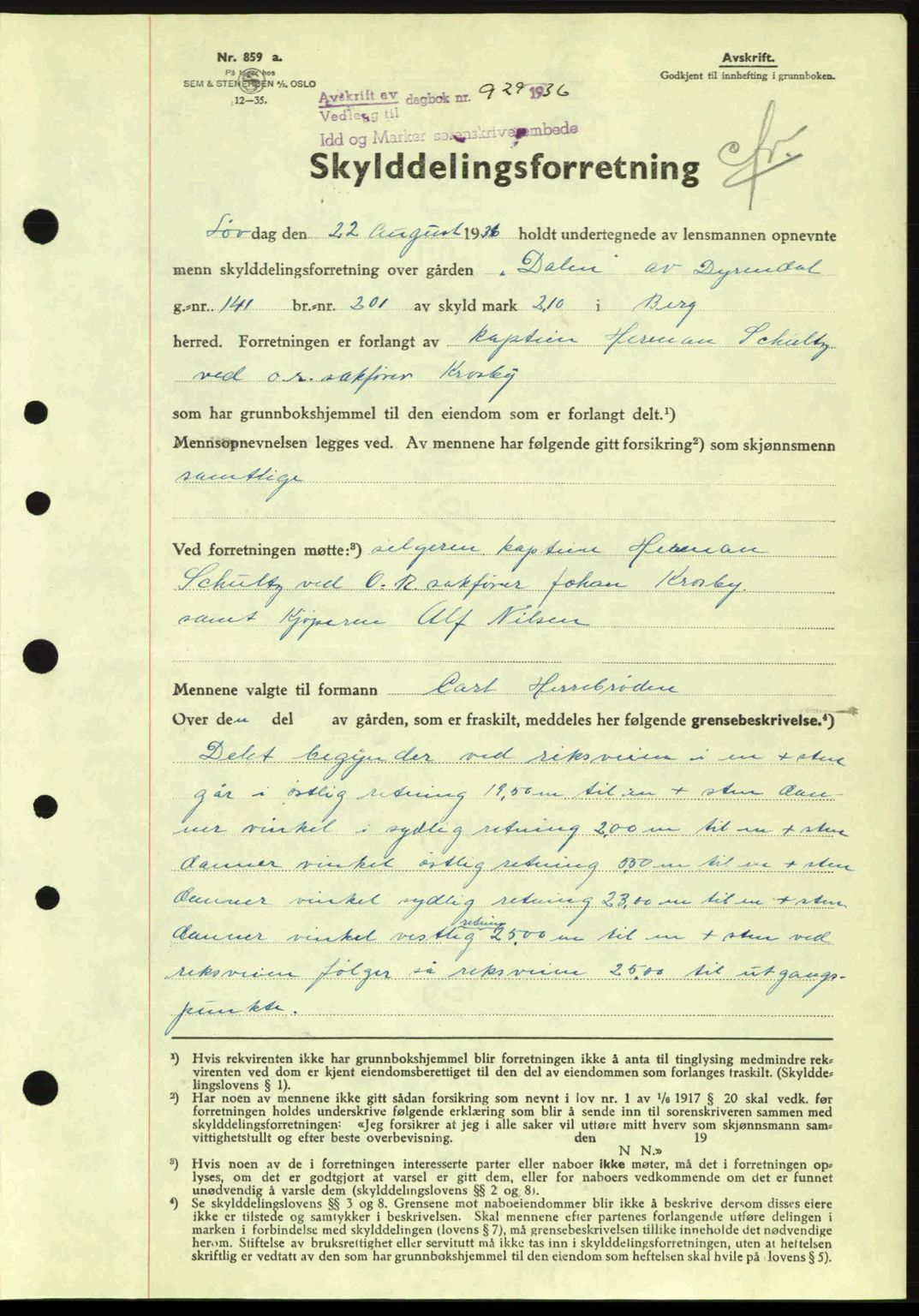 Idd og Marker sorenskriveri, AV/SAO-A-10283/G/Gb/Gbb/L0001: Pantebok nr. A1, 1936-1937, Dagboknr: 929/1936