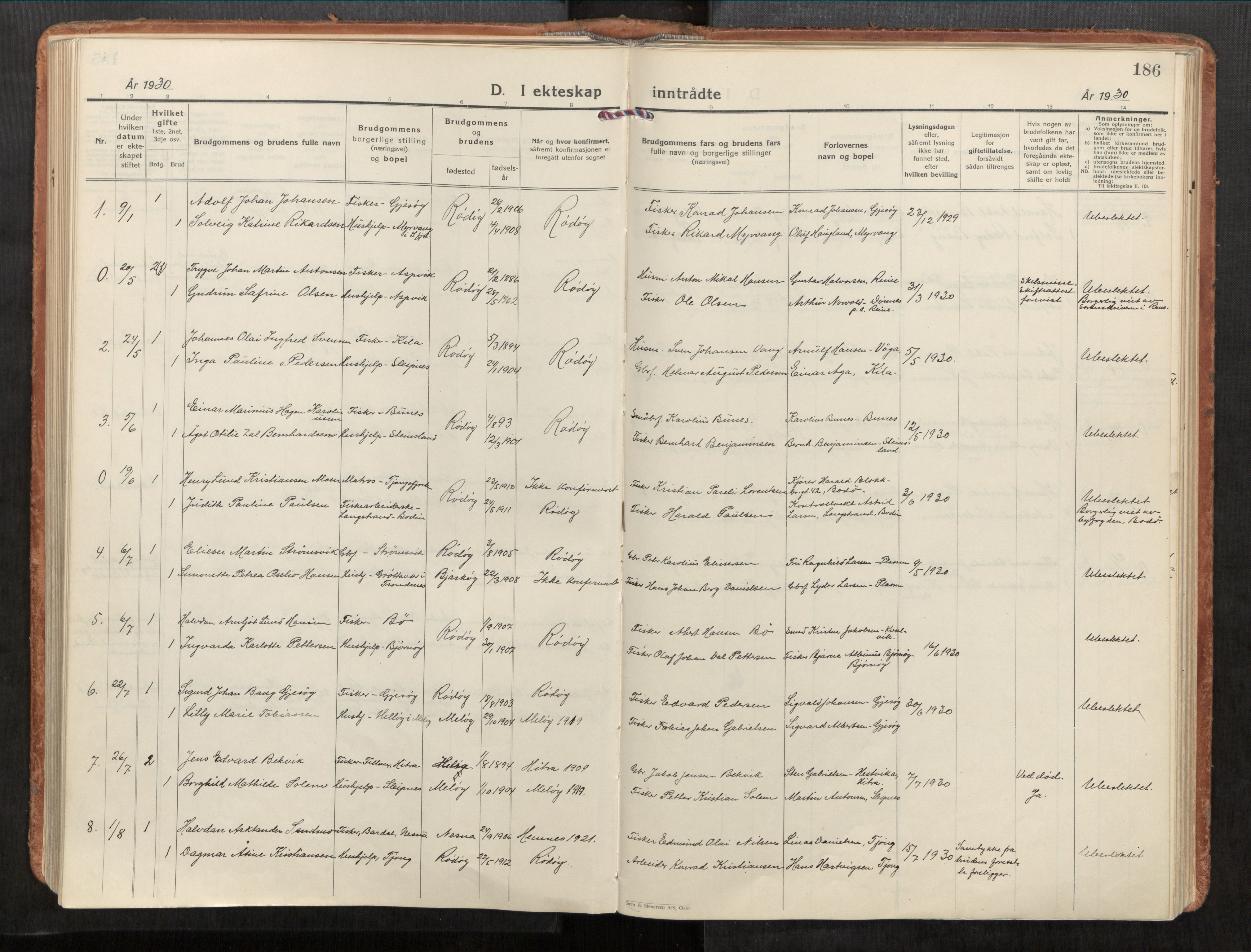 Rødøy sokneprestkontor, SAT/A-4397/2/H/Ha/Haa/L0001: Ministerialbok nr. 1, 1926-1941, s. 186