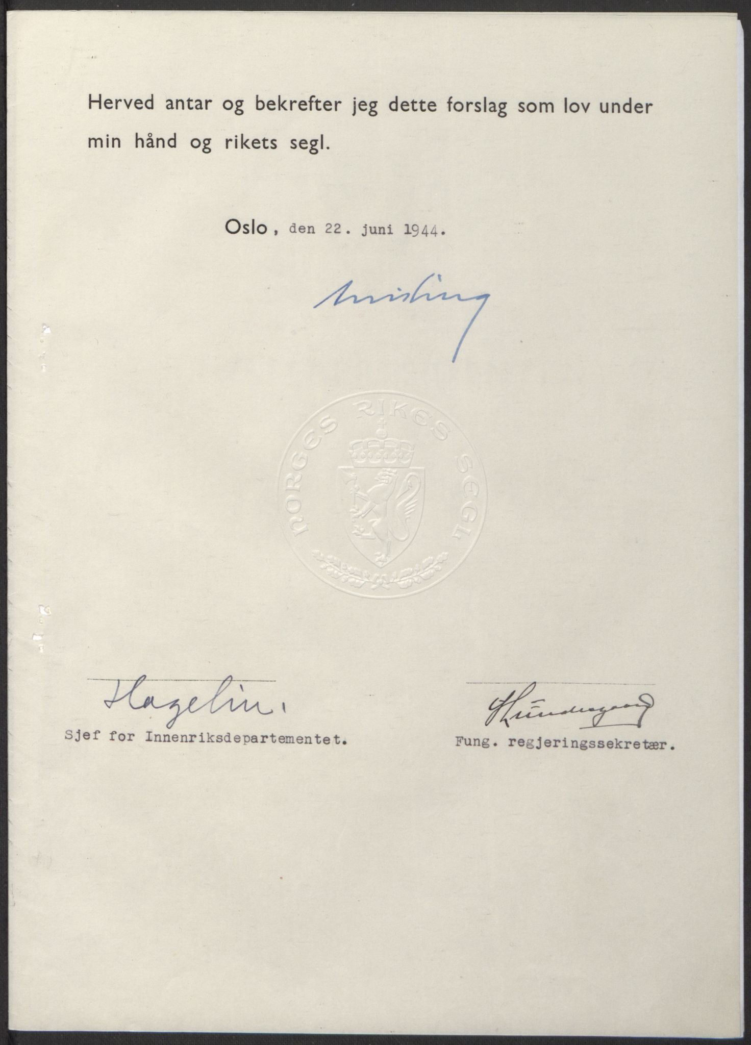 NS-administrasjonen 1940-1945 (Statsrådsekretariatet, de kommisariske statsråder mm), RA/S-4279/D/Db/L0100: Lover, 1944, s. 293