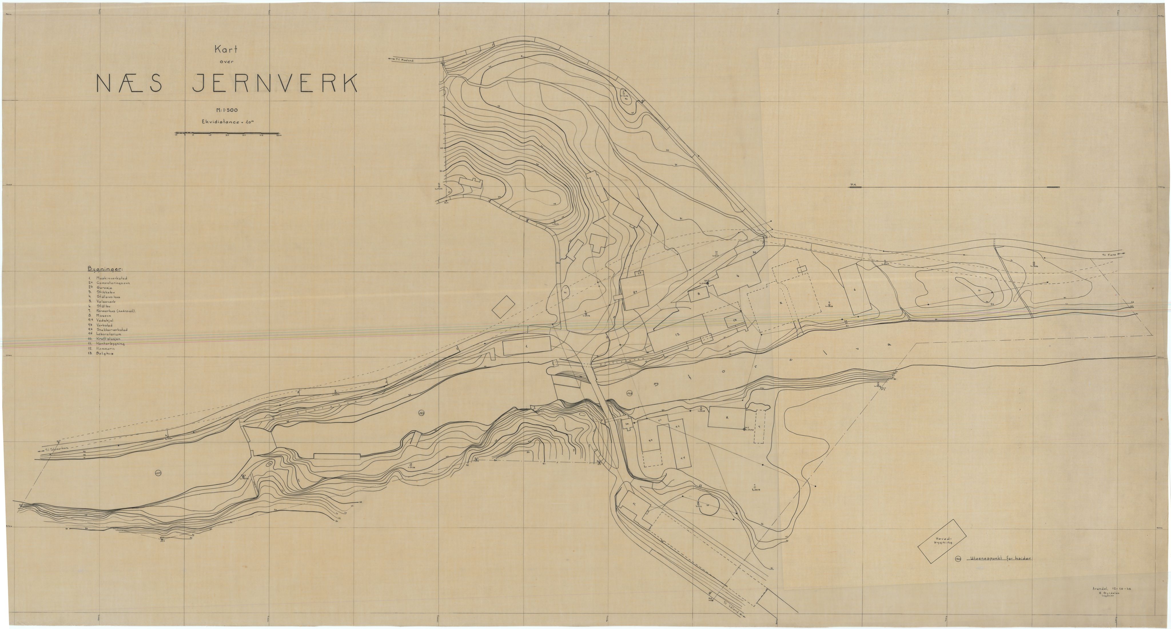 Jacob Aall & Søn AS, NESJ/NJM-007/09/L0002: Kart over Næs jernverk, 1942 E. Syrdalen ingeniør, 1942