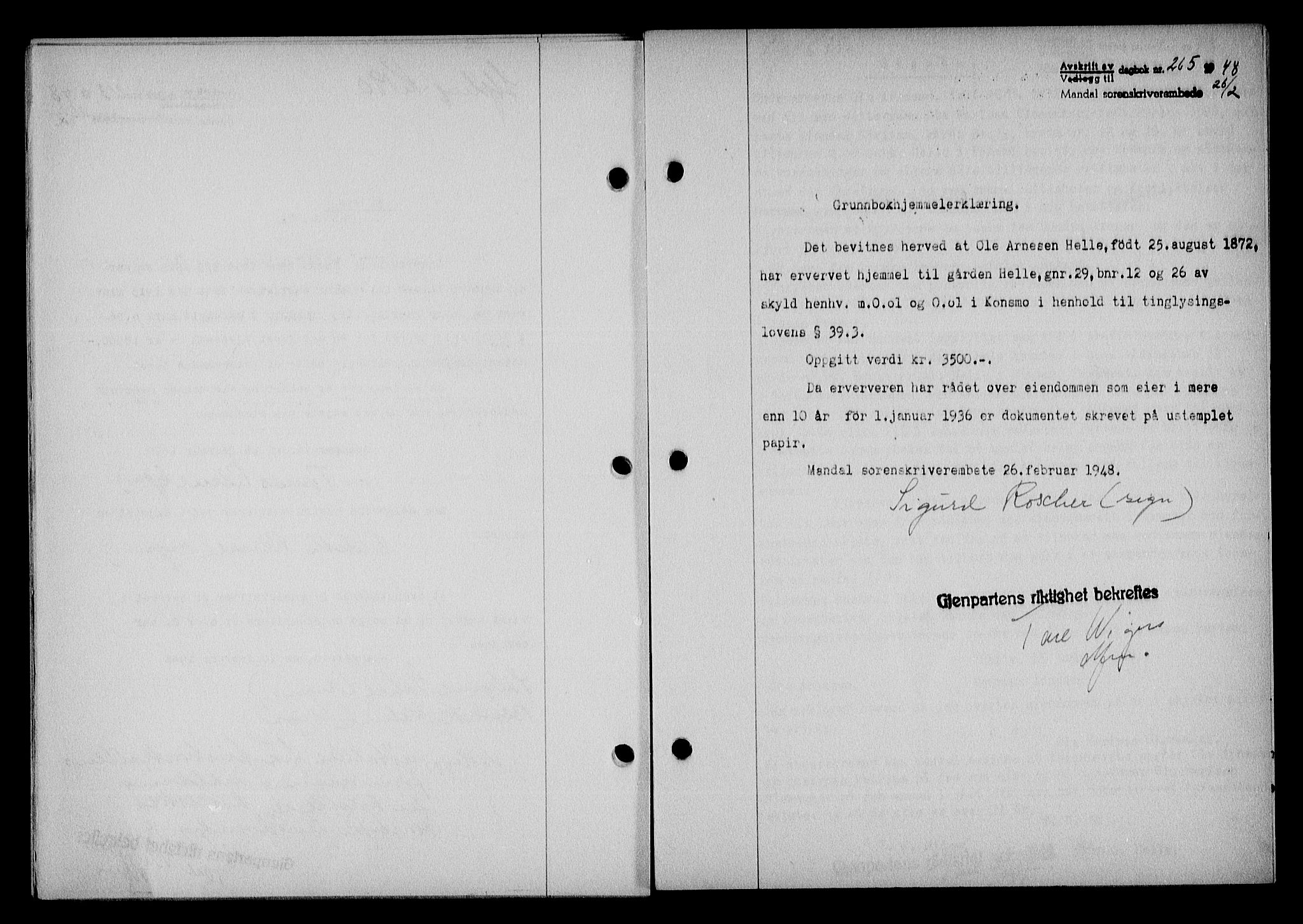 Mandal sorenskriveri, SAK/1221-0005/001/G/Gb/Gba/L0079: Pantebok nr. A-16, 1947-1948, Dagboknr: 265/1948