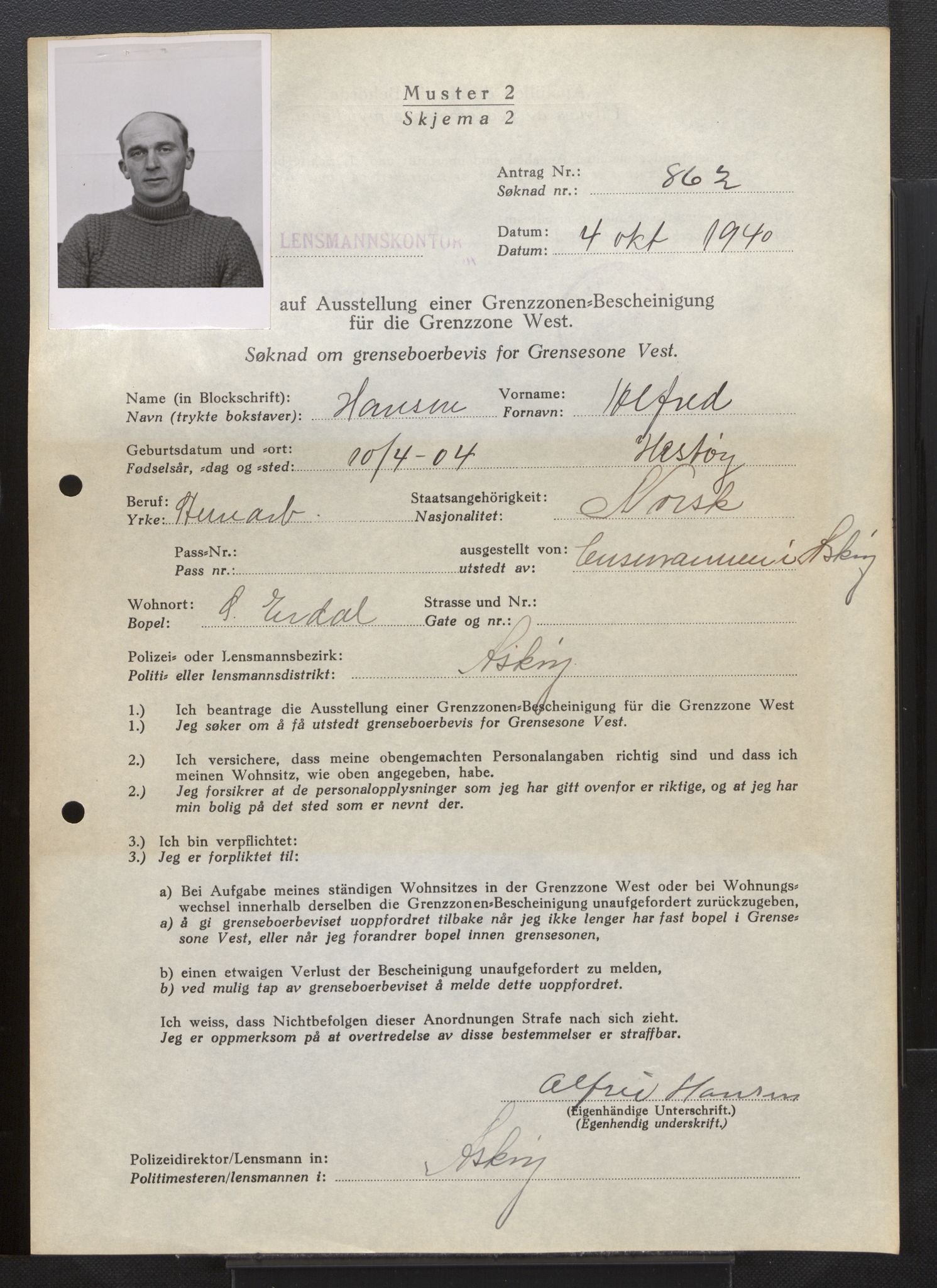 Lensmannen i Askøy, AV/SAB-A-31001/0026/L0005: Søknader om grensebuarbevis 851 - 1275, 1940, s. 23