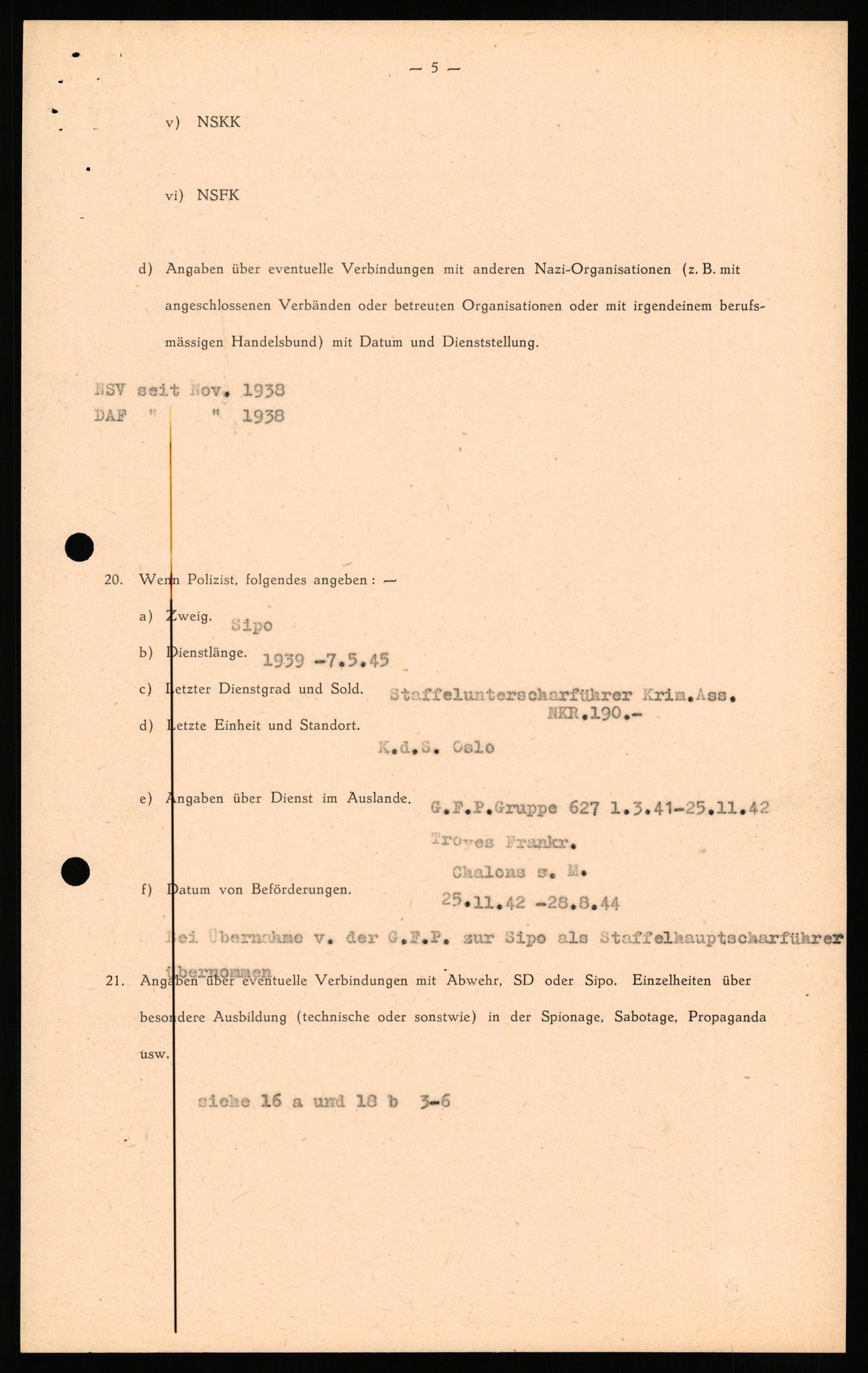 Forsvaret, Forsvarets overkommando II, RA/RAFA-3915/D/Db/L0031: CI Questionaires. Tyske okkupasjonsstyrker i Norge. Tyskere., 1945-1946, s. 165