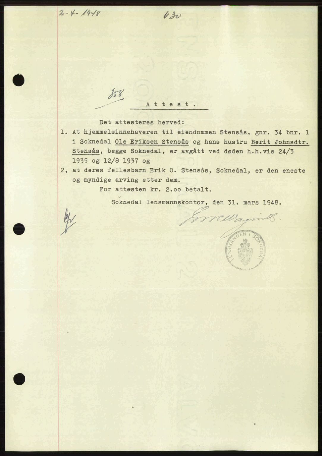 Gauldal sorenskriveri, SAT/A-0014/1/2/2C: Pantebok nr. A5, 1947-1948, Dagboknr: 358/1948