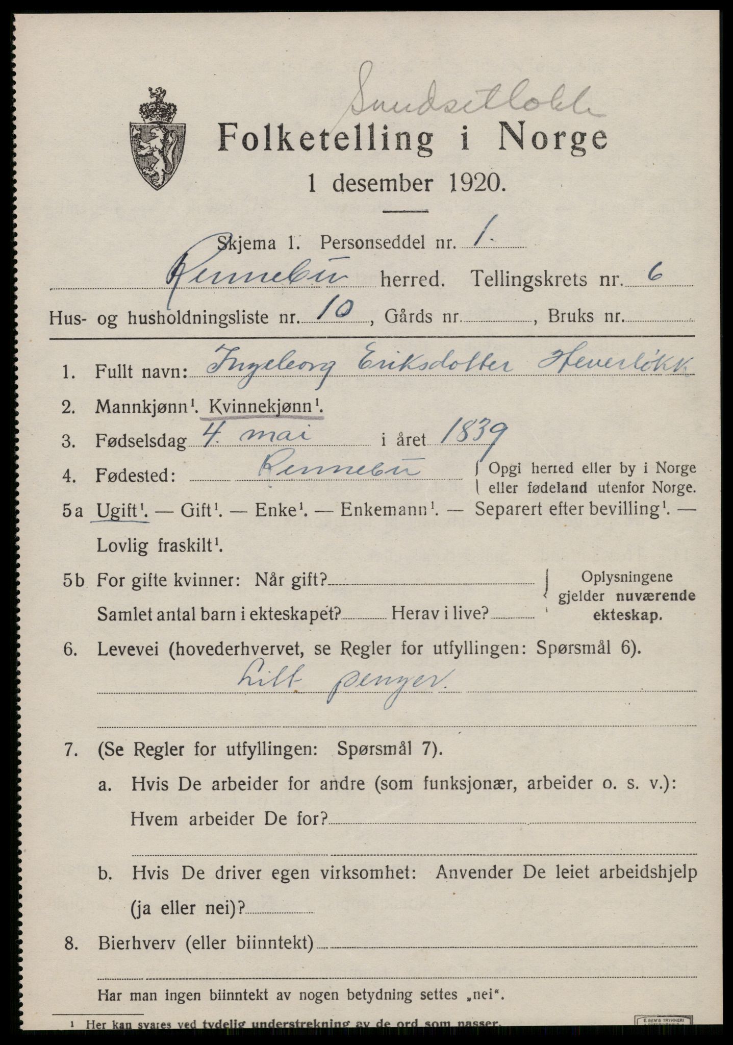 SAT, Folketelling 1920 for 1635 Rennebu herred, 1920, s. 4502