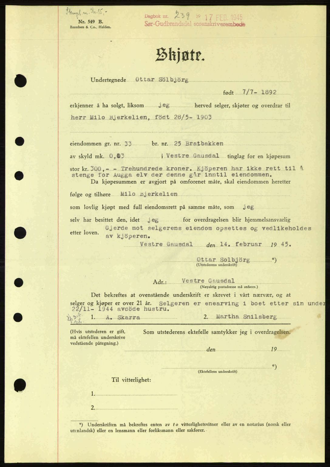 Sør-Gudbrandsdal tingrett, SAH/TING-004/H/Hb/Hbd/L0014: Pantebok nr. A14, 1944-1945, Dagboknr: 239/1945