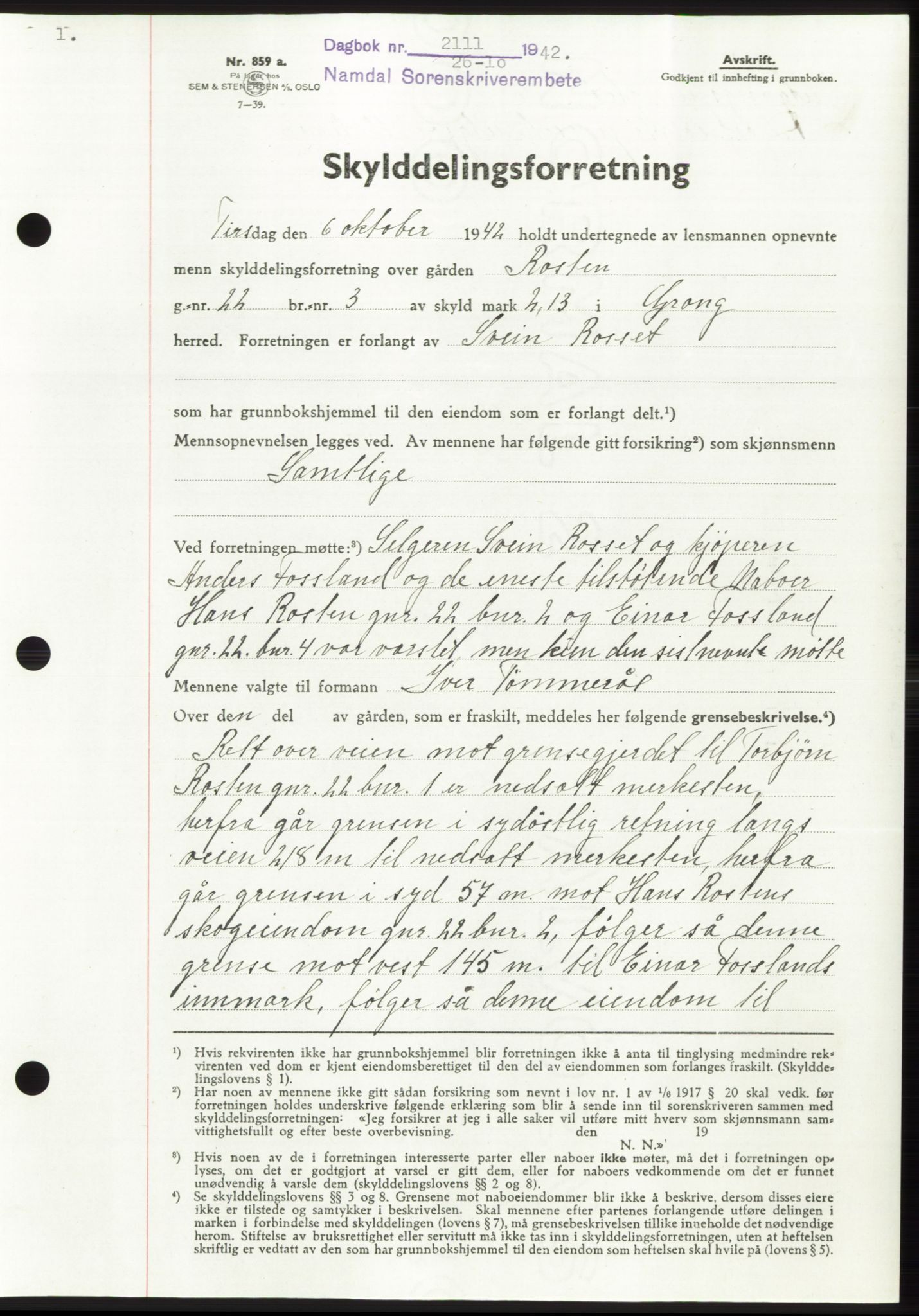 Namdal sorenskriveri, SAT/A-4133/1/2/2C: Pantebok nr. -, 1942-1943, Dagboknr: 2111/1942