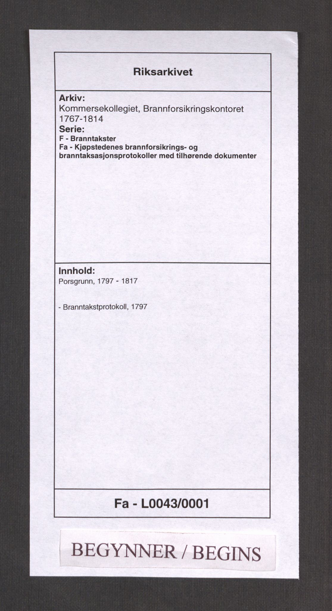 Kommersekollegiet, Brannforsikringskontoret 1767-1814, RA/EA-5458/F/Fa/L0043/0001: Porsgrunn / Branntakstprotokoll, 1797