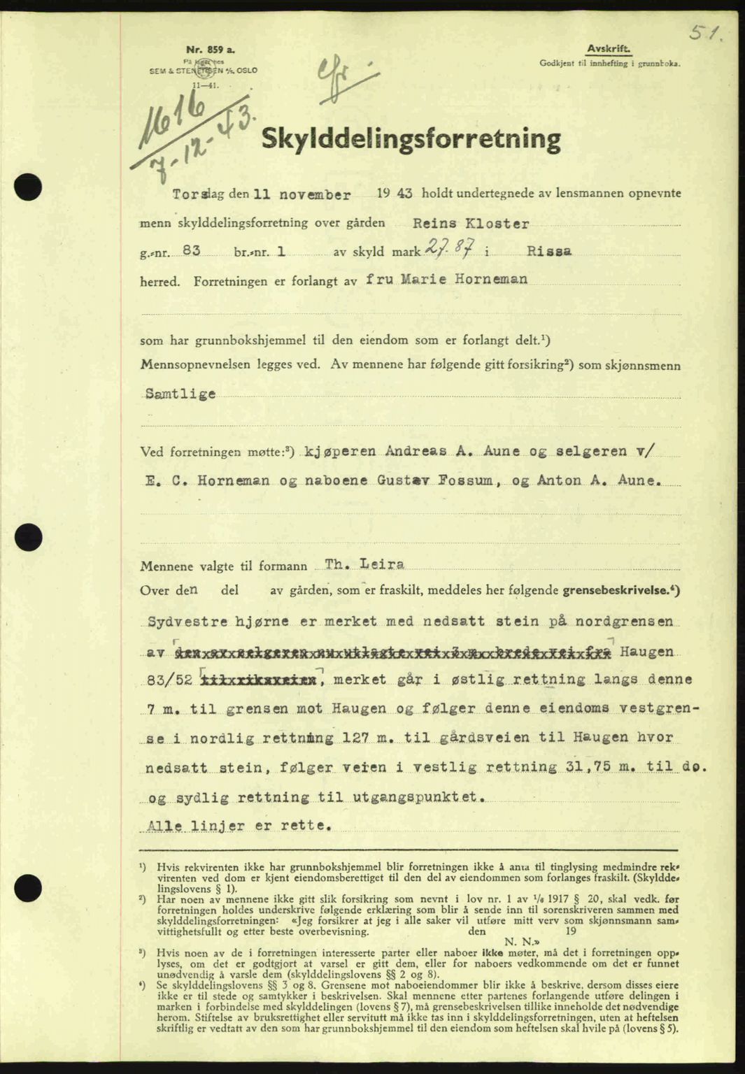 Fosen sorenskriveri, AV/SAT-A-1107/1/2/2C: Pantebok nr. A3, 1943-1945, Dagboknr: 1616/1943