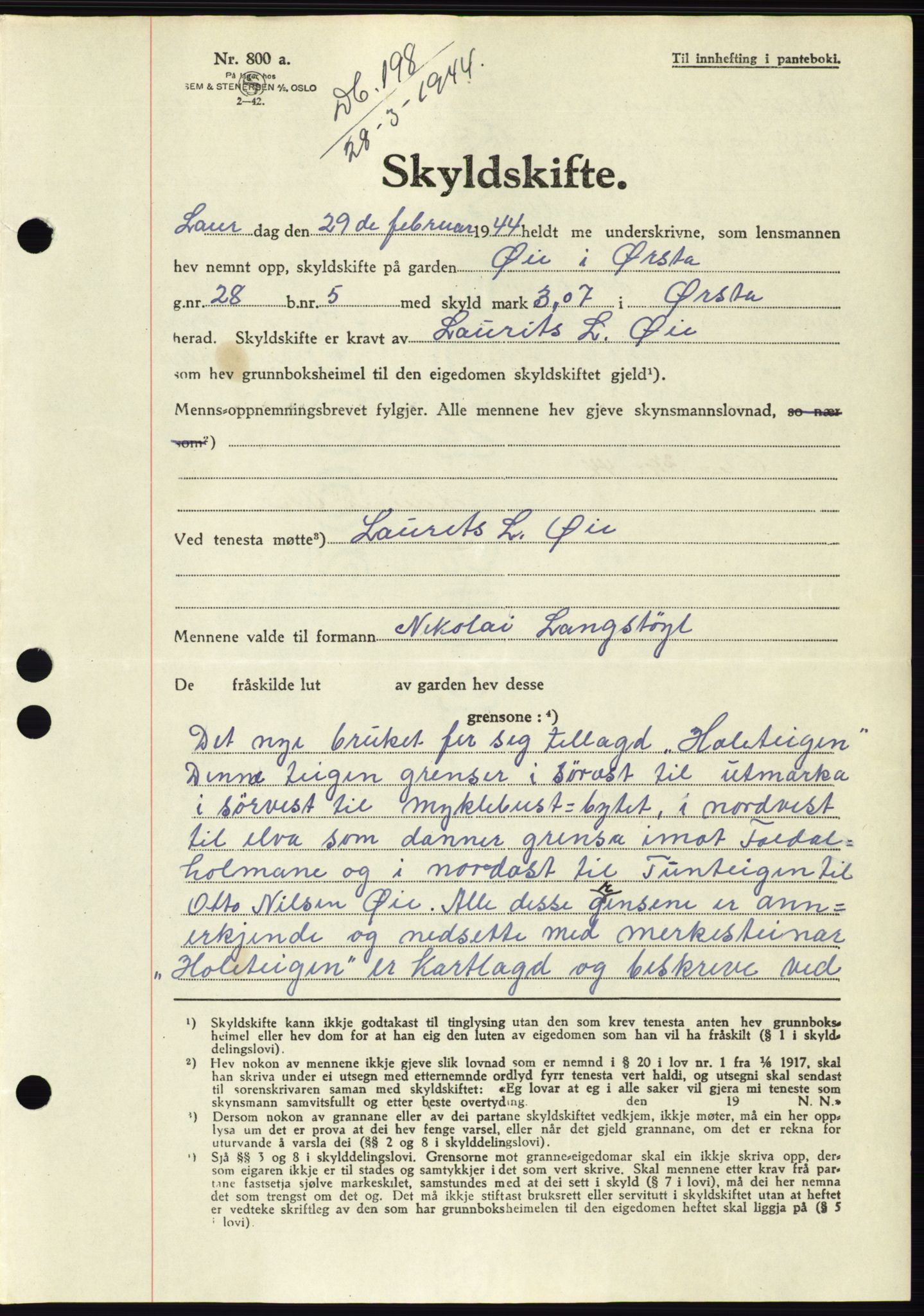 Søre Sunnmøre sorenskriveri, AV/SAT-A-4122/1/2/2C/L0076: Pantebok nr. 2A, 1943-1944, Dagboknr: 198/1944