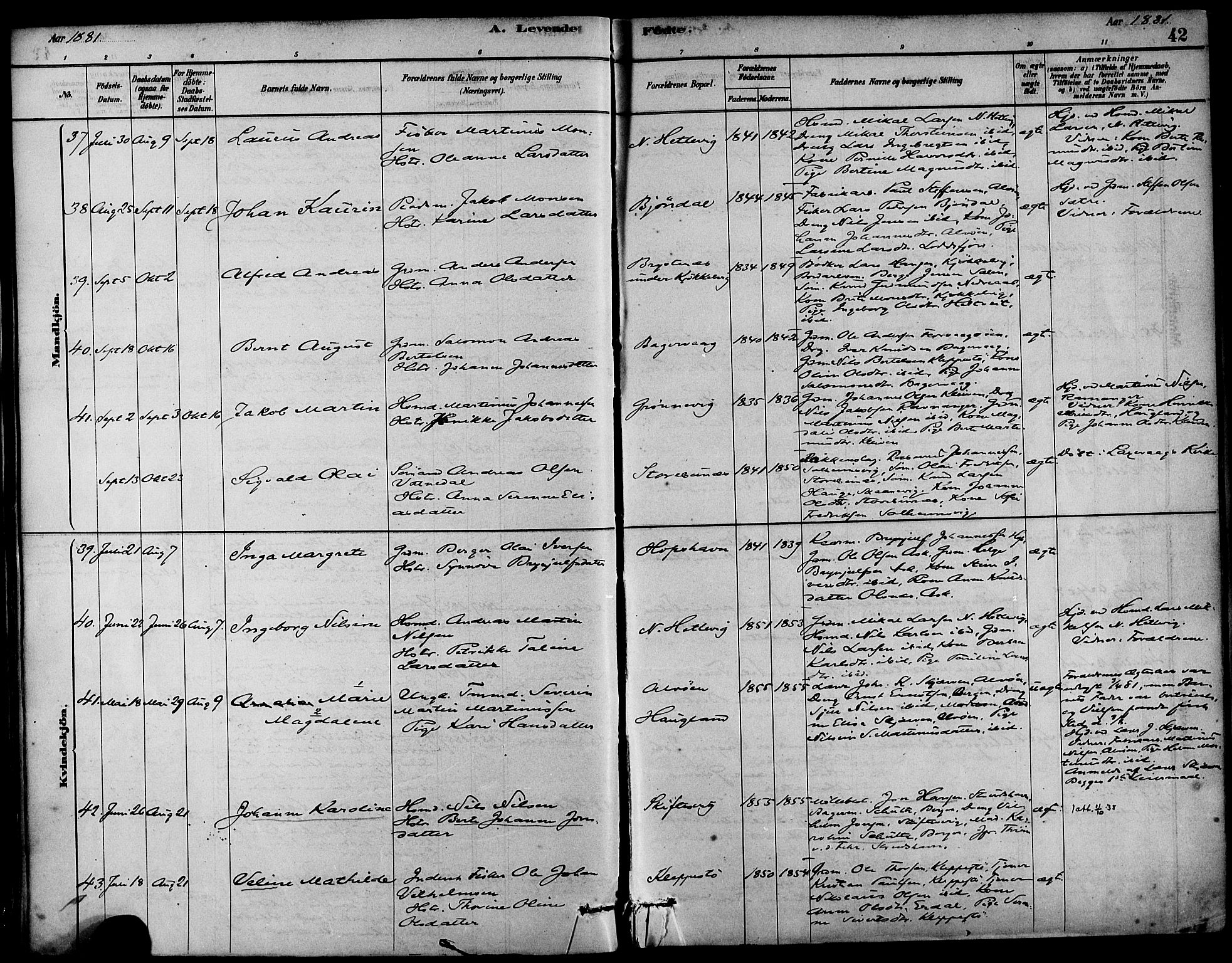 Askøy Sokneprestembete, AV/SAB-A-74101/H/Ha/Haa/Haab/L0001: Ministerialbok nr. B 1, 1878-1889, s. 42