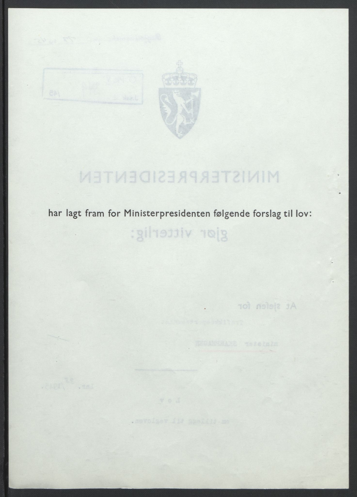 NS-administrasjonen 1940-1945 (Statsrådsekretariatet, de kommisariske statsråder mm), RA/S-4279/D/Db/L0101/0001: -- / Lover og vedtak, 1945, s. 155