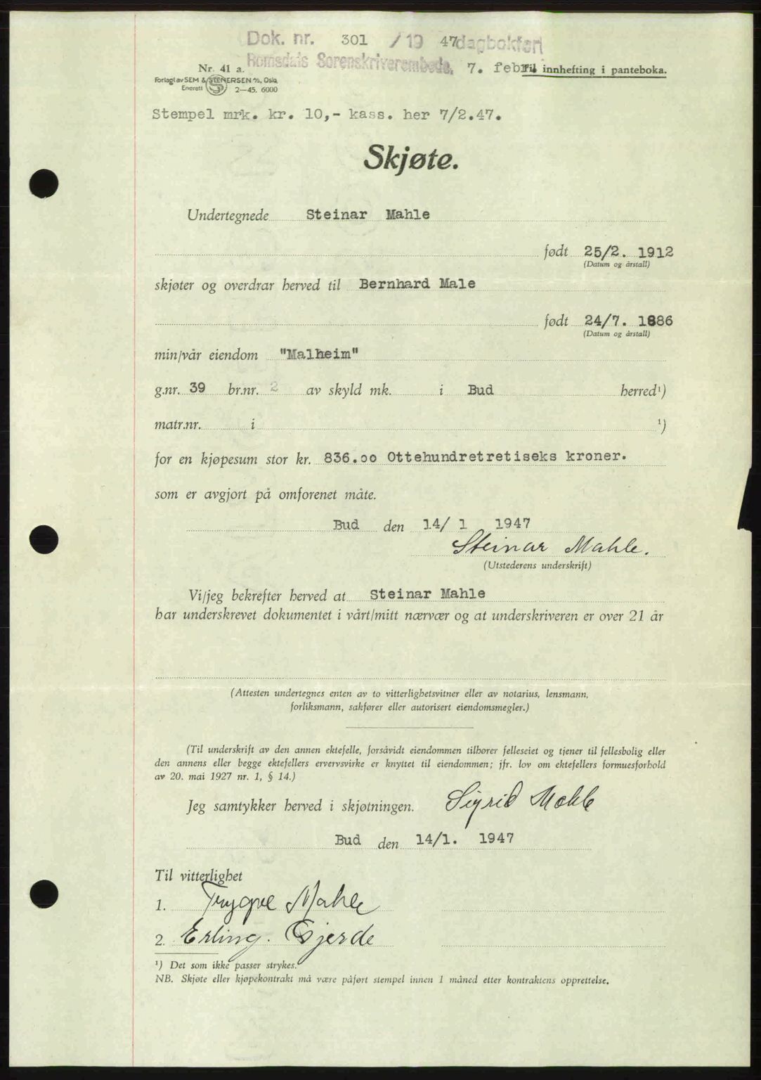 Romsdal sorenskriveri, SAT/A-4149/1/2/2C: Pantebok nr. A22, 1947-1947, Dagboknr: 301/1947