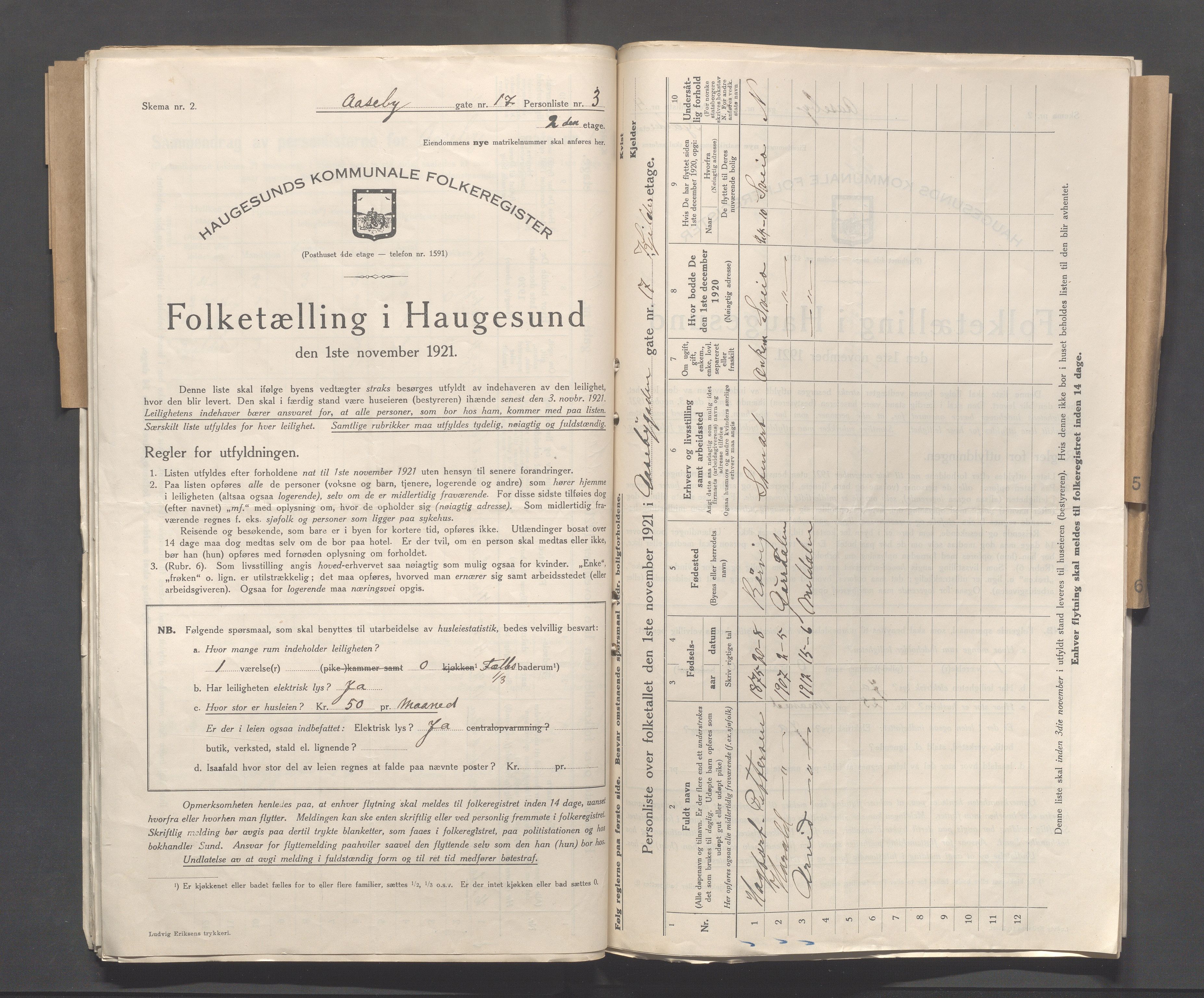 IKAR, Kommunal folketelling 1.11.1921 for Haugesund, 1921, s. 50