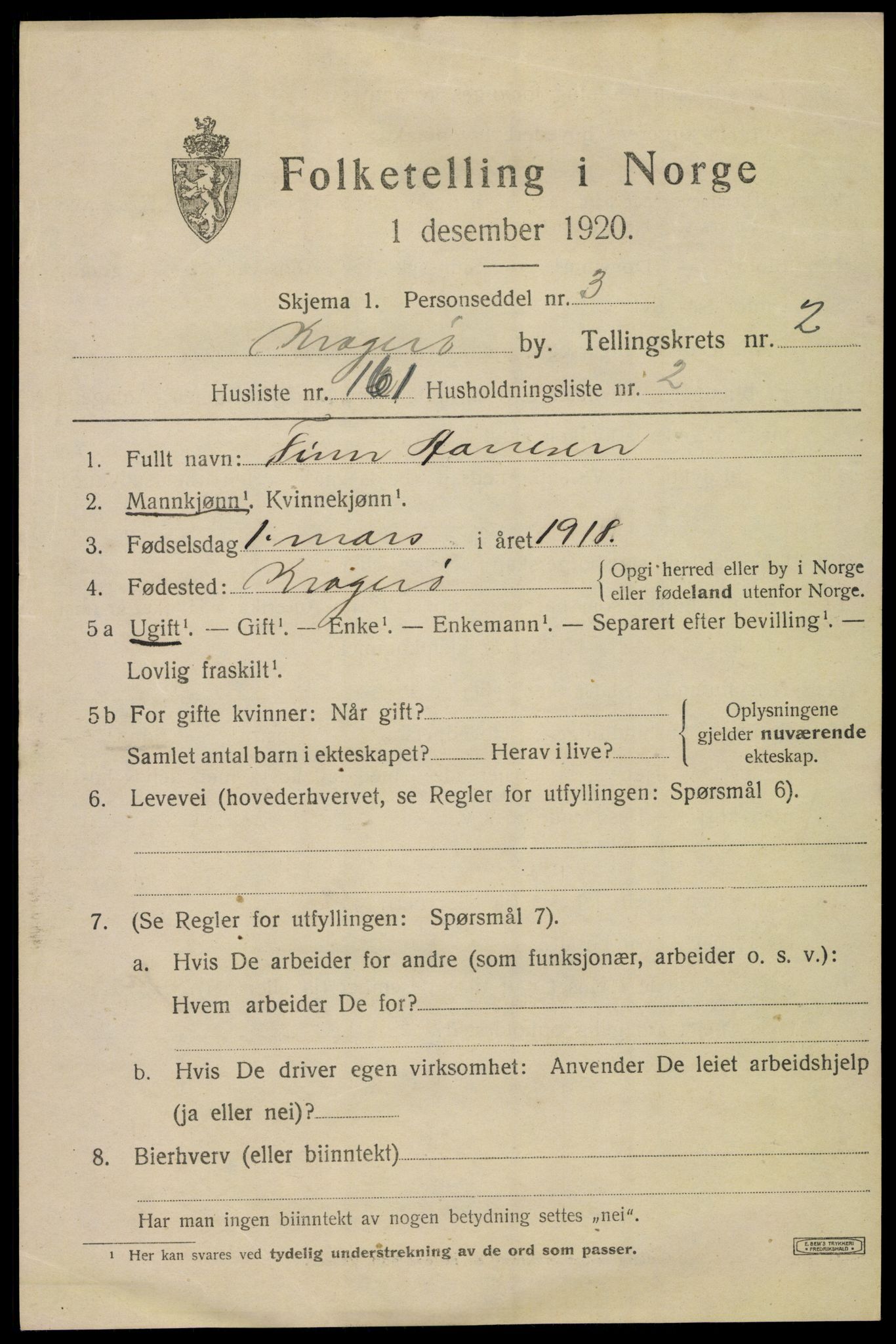 SAKO, Folketelling 1920 for 0801 Kragerø kjøpstad, 1920, s. 7125