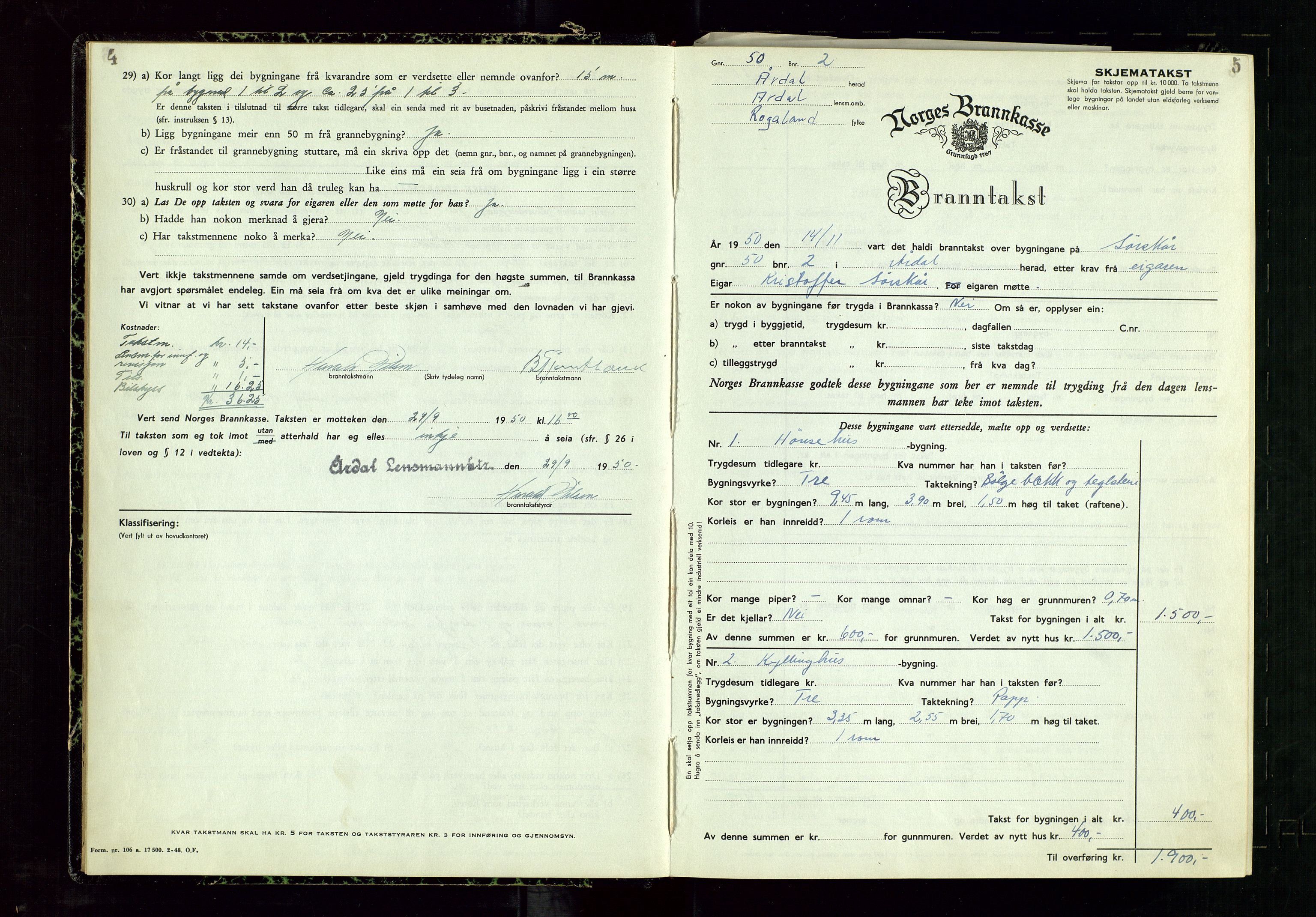 Årdal lensmannskontor, AV/SAST-A-100453/Gob/L0002: "Brandtaxationsprotokol", 1950-1955, s. 4-5