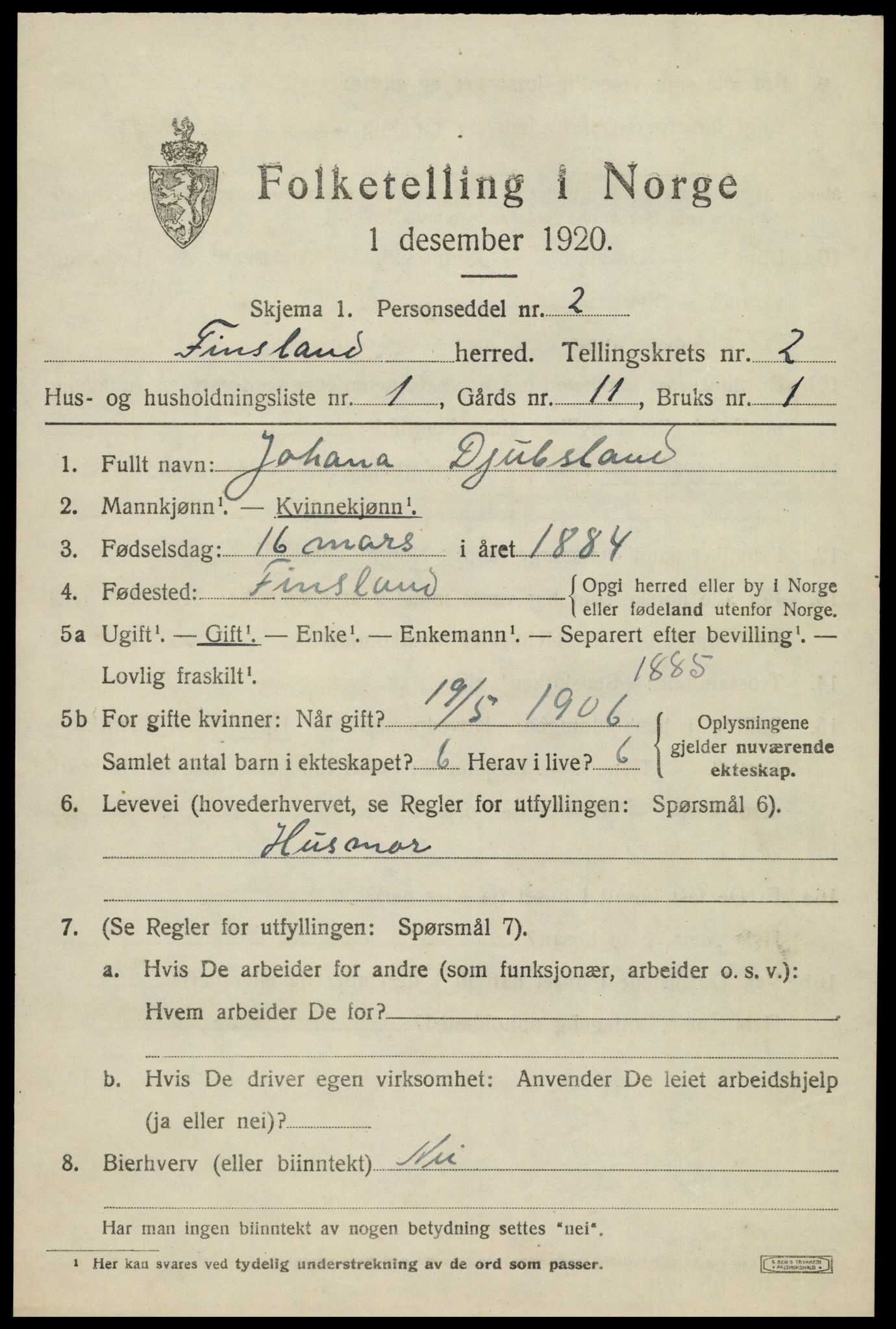 SAK, Folketelling 1920 for 1023 Finsland herred, 1920, s. 730