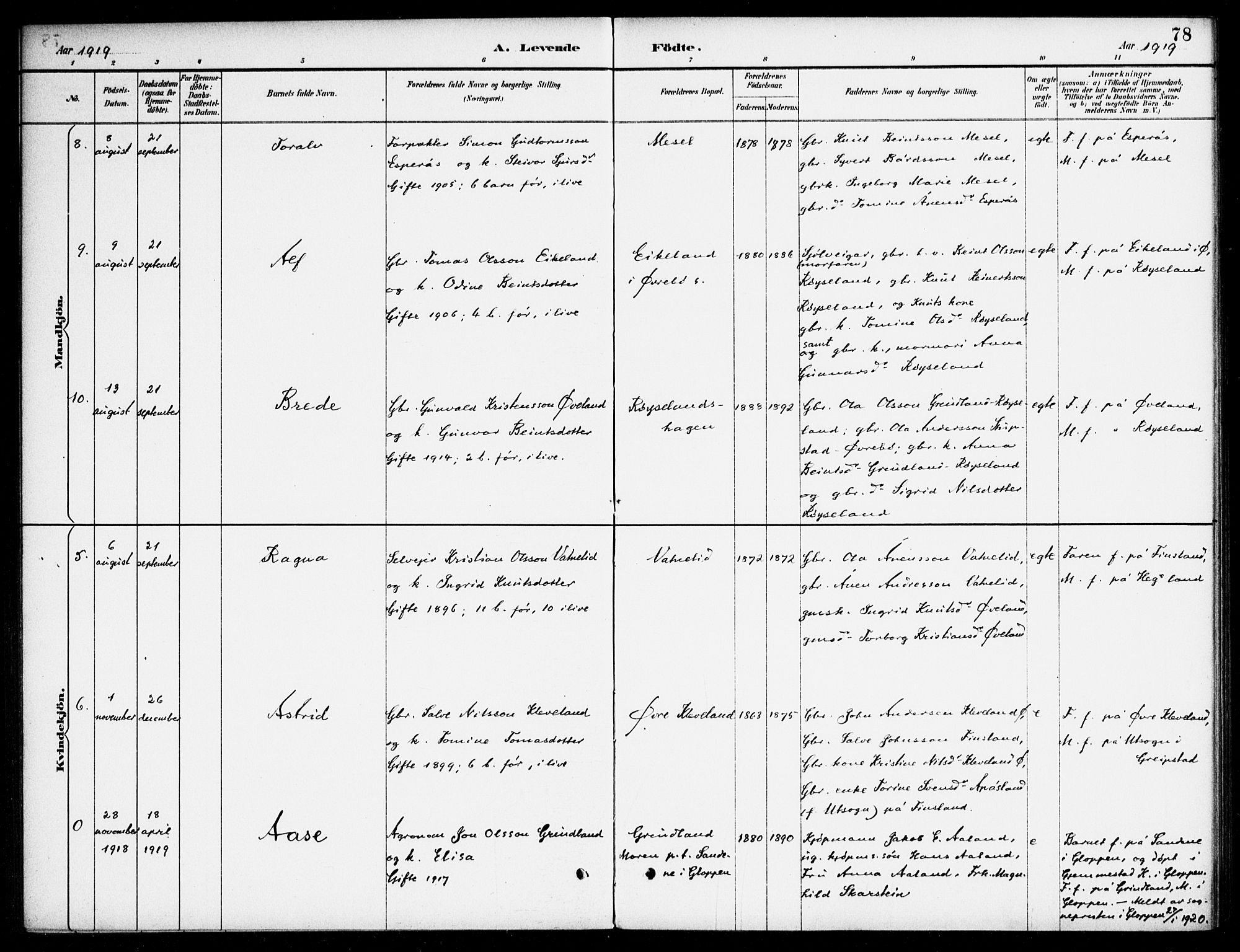 Bjelland sokneprestkontor, AV/SAK-1111-0005/F/Fa/Fab/L0004: Ministerialbok nr. A 4, 1887-1920, s. 78