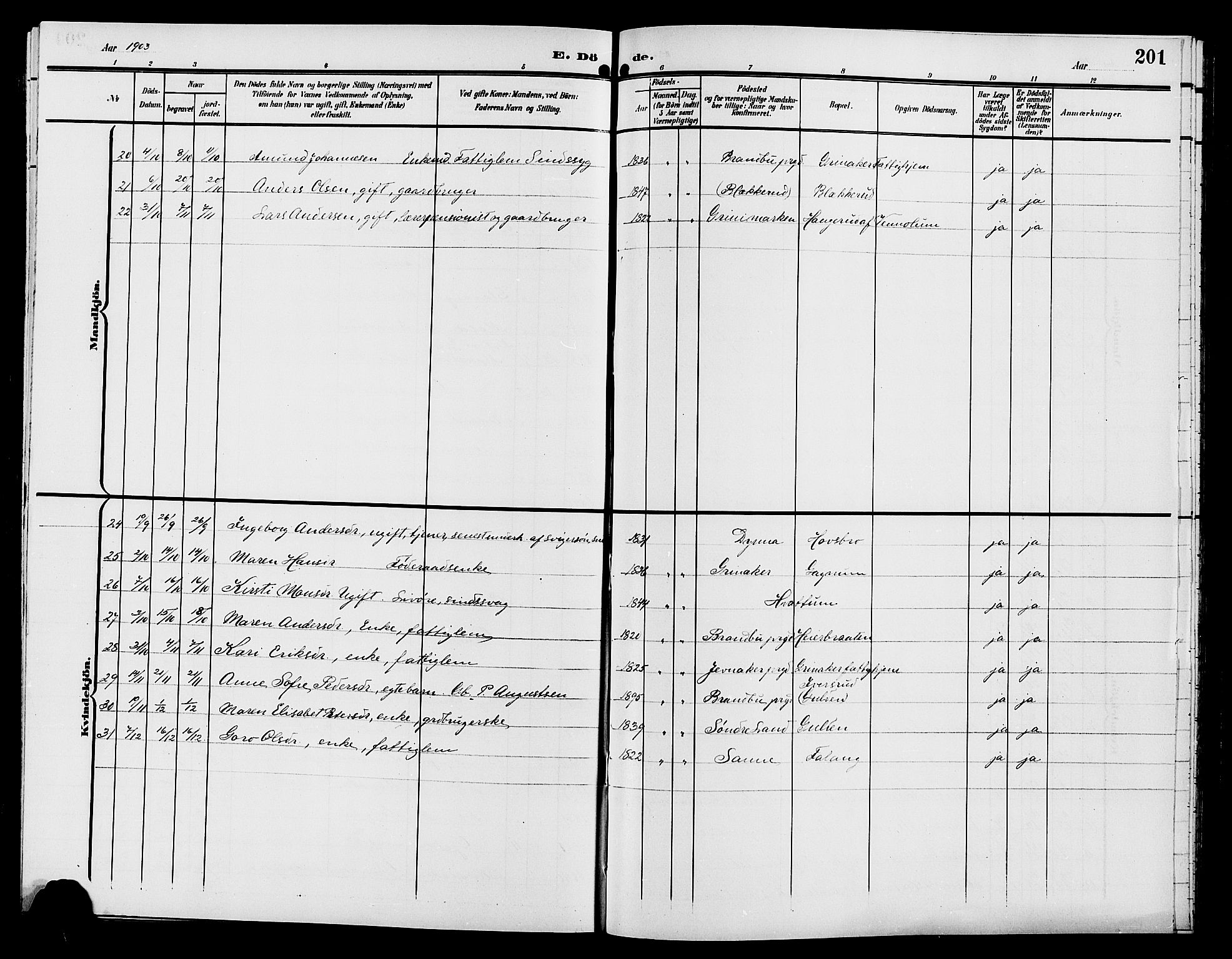 Gran prestekontor, AV/SAH-PREST-112/H/Ha/Hab/L0006: Klokkerbok nr. 6, 1901-1911, s. 201