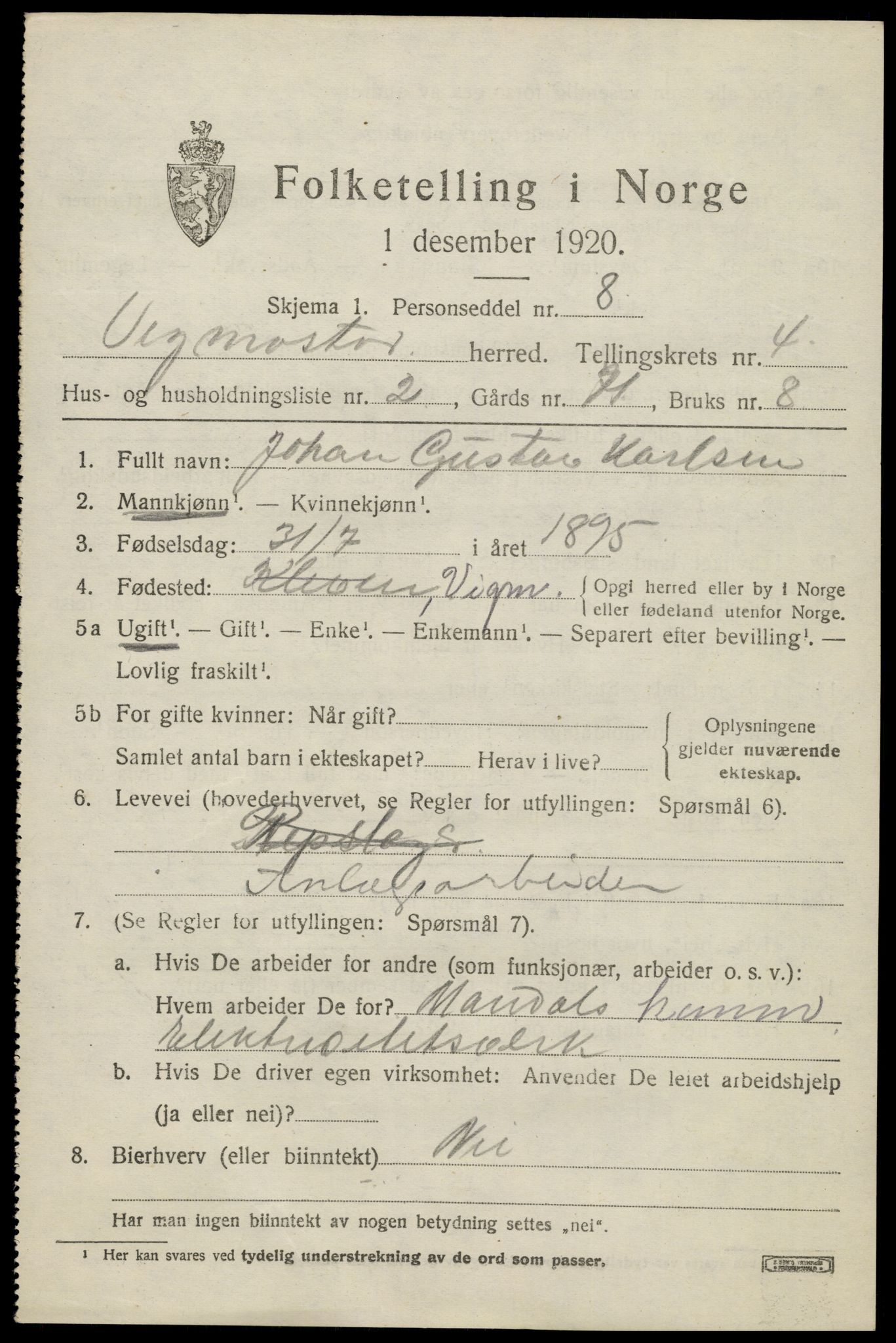 SAK, Folketelling 1920 for 1028 Vigmostad herred, 1920, s. 1227