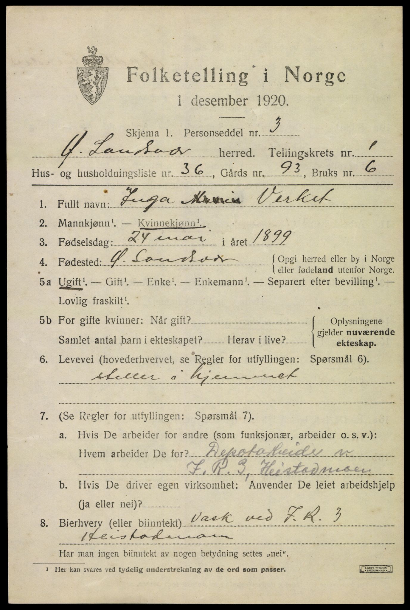 SAKO, Folketelling 1920 for 0630 Øvre Sandsvær herred, 1920, s. 1370