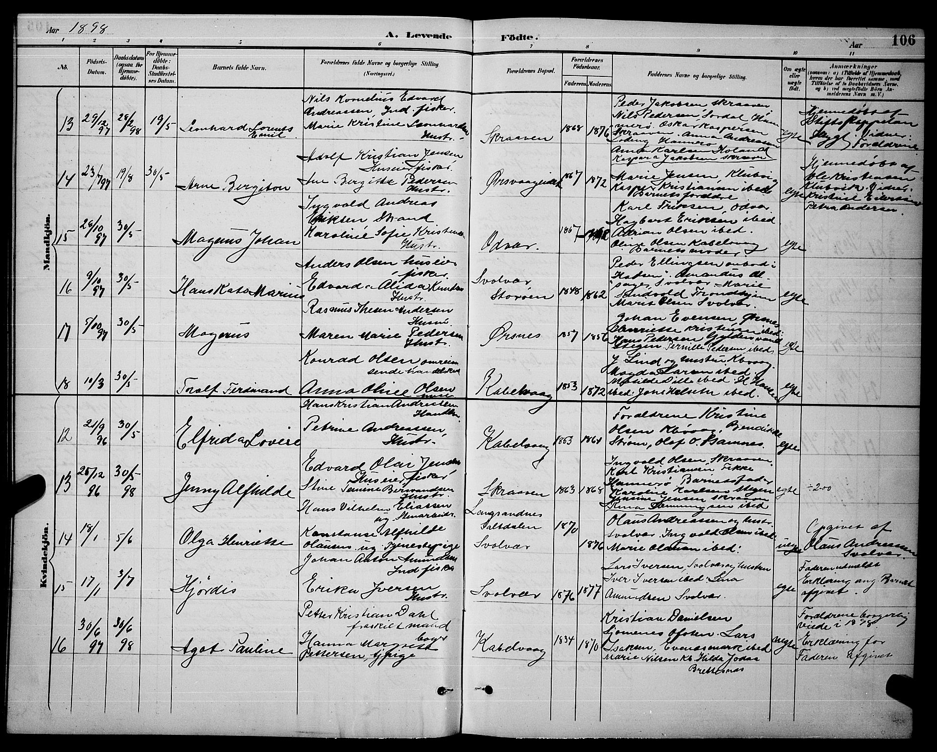 Ministerialprotokoller, klokkerbøker og fødselsregistre - Nordland, AV/SAT-A-1459/874/L1077: Klokkerbok nr. 874C06, 1891-1900, s. 106