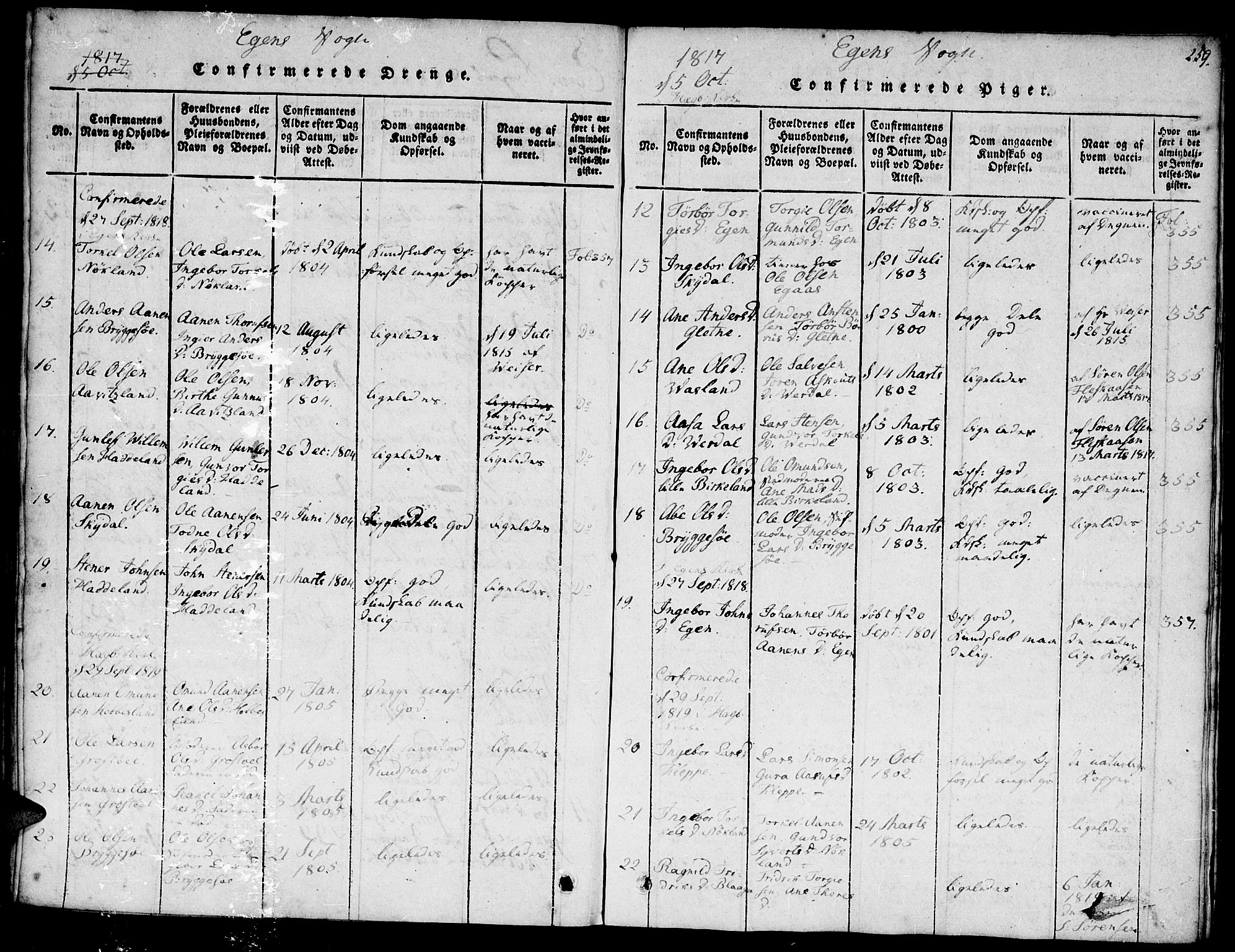 Hægebostad sokneprestkontor, SAK/1111-0024/F/Fa/Faa/L0002: Ministerialbok nr. A 2 /2, 1816-1824, s. 259