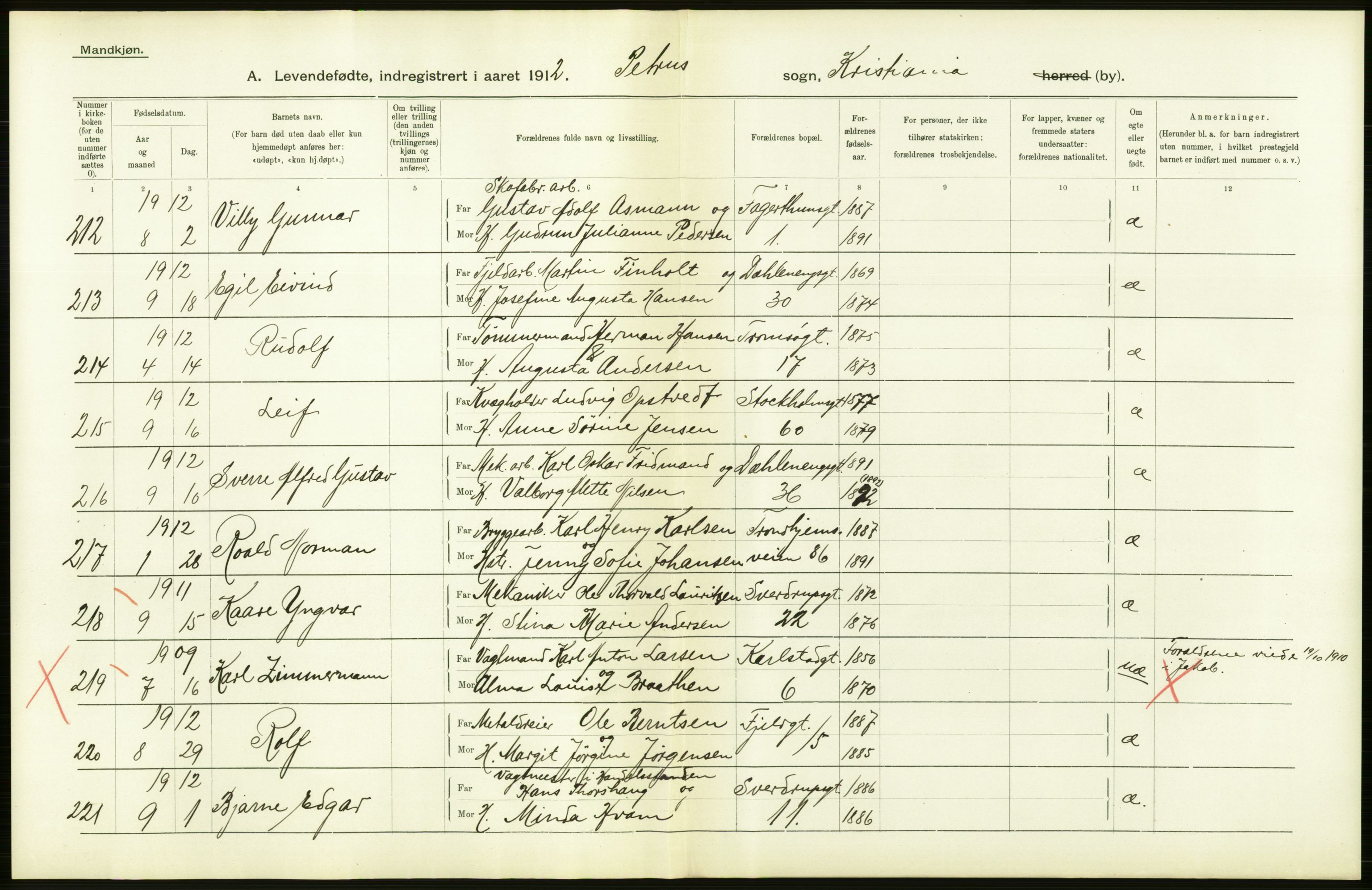 Statistisk sentralbyrå, Sosiodemografiske emner, Befolkning, AV/RA-S-2228/D/Df/Dfb/Dfbb/L0006: Kristiania:  Levendefødte menn og kvinner., 1912, s. 498