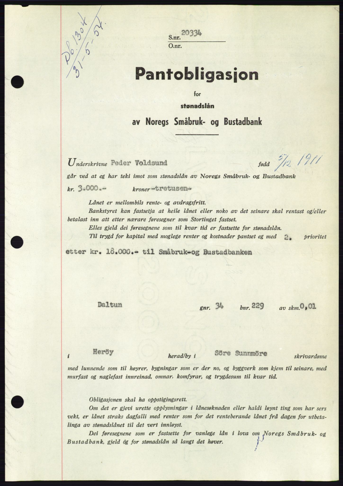 Søre Sunnmøre sorenskriveri, SAT/A-4122/1/2/2C/L0125: Pantebok nr. 13B, 1954-1954, Dagboknr: 1304/1954