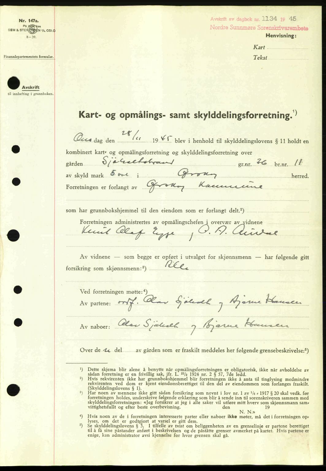 Nordre Sunnmøre sorenskriveri, SAT/A-0006/1/2/2C/2Ca: Pantebok nr. A20a, 1945-1945, Dagboknr: 1134/1945