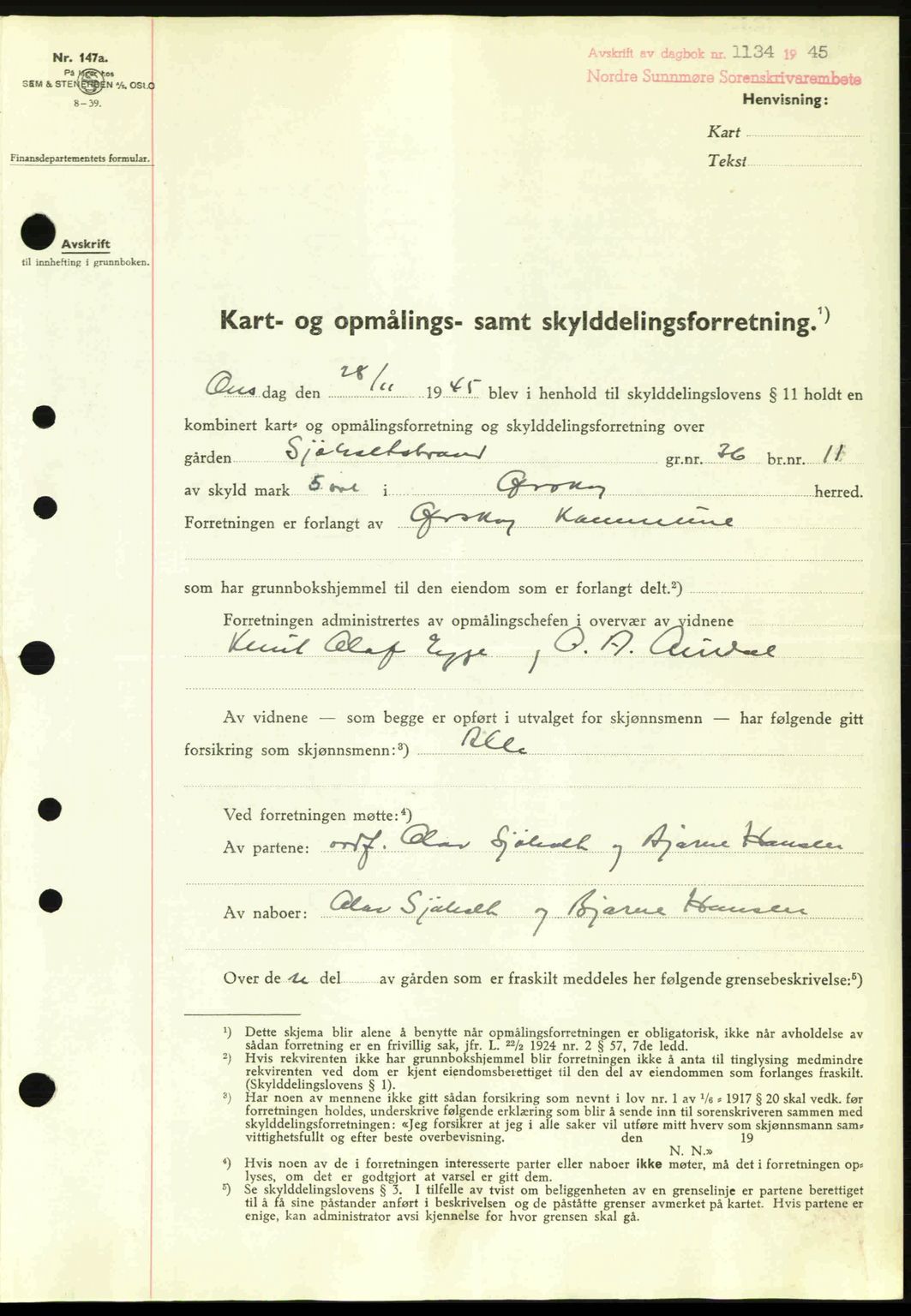 Nordre Sunnmøre sorenskriveri, AV/SAT-A-0006/1/2/2C/2Ca: Pantebok nr. A20a, 1945-1945, Dagboknr: 1134/1945