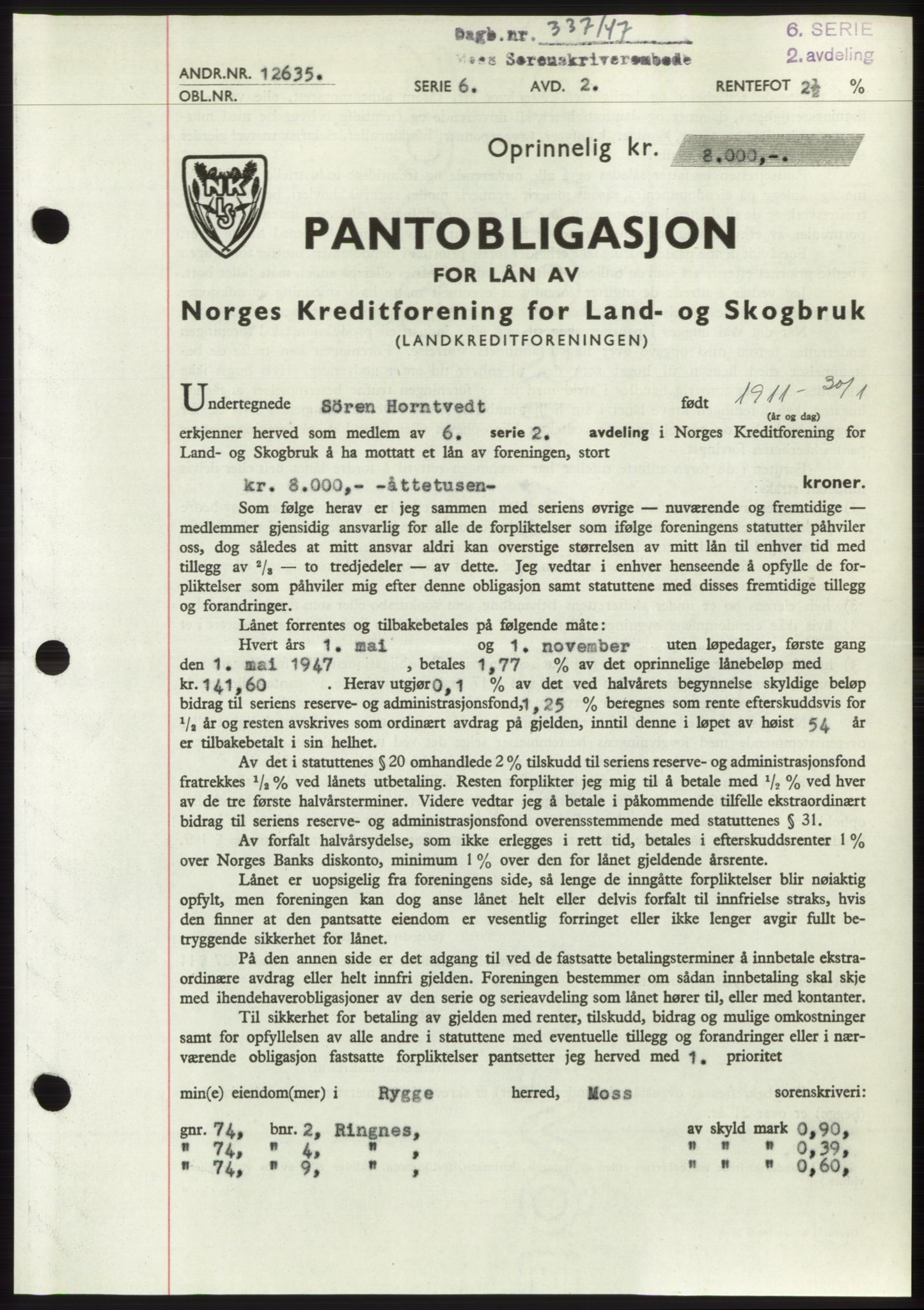 Moss sorenskriveri, SAO/A-10168: Pantebok nr. B16, 1946-1947, Dagboknr: 337/1947