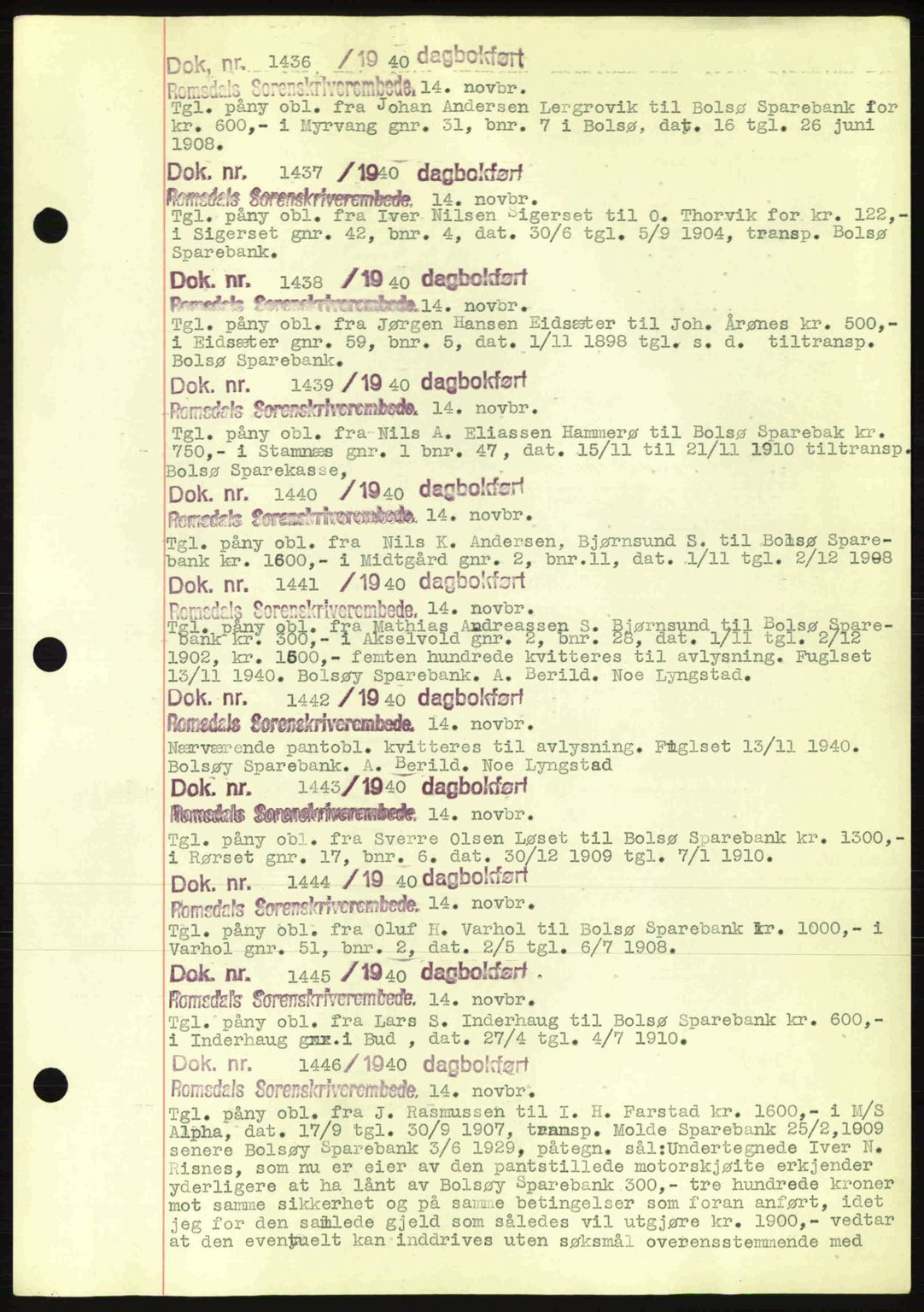 Romsdal sorenskriveri, AV/SAT-A-4149/1/2/2C: Pantebok nr. C1a, 1936-1945, Dagboknr: 1436/1940