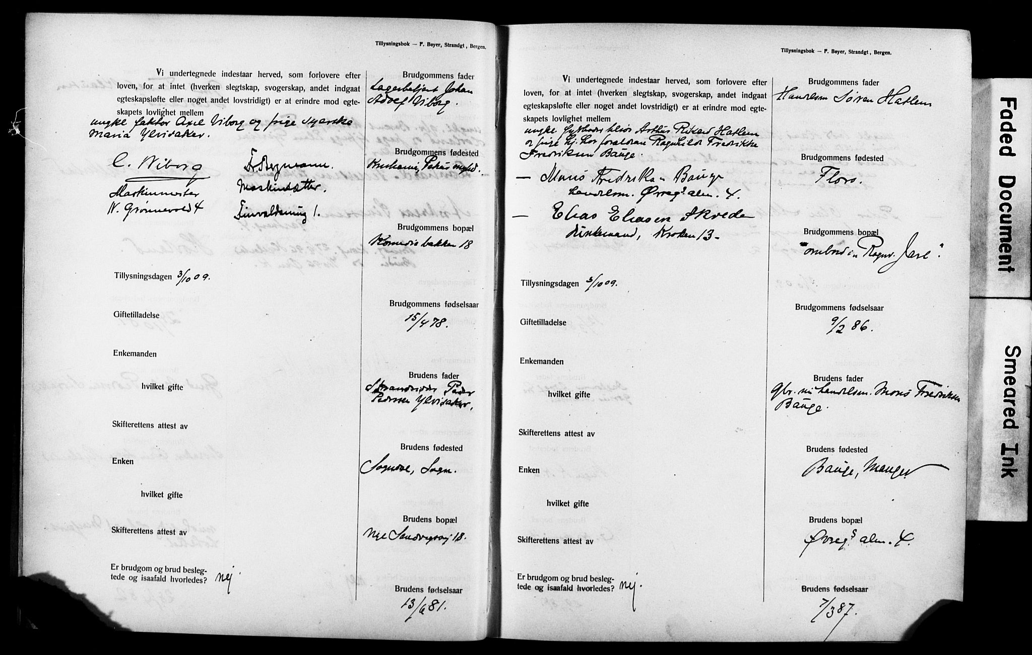 Mariakirken Sokneprestembete, AV/SAB-A-76901: Forlovererklæringer nr. II.5.3, 1909-1917, s. 4