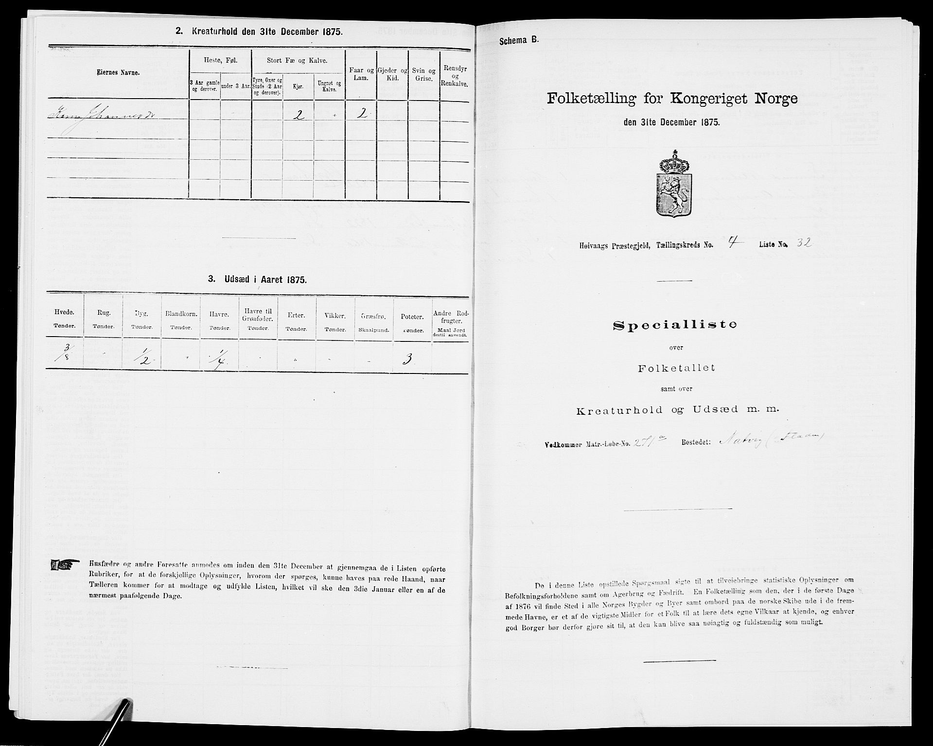 SAK, Folketelling 1875 for 0927P Høvåg prestegjeld, 1875, s. 505