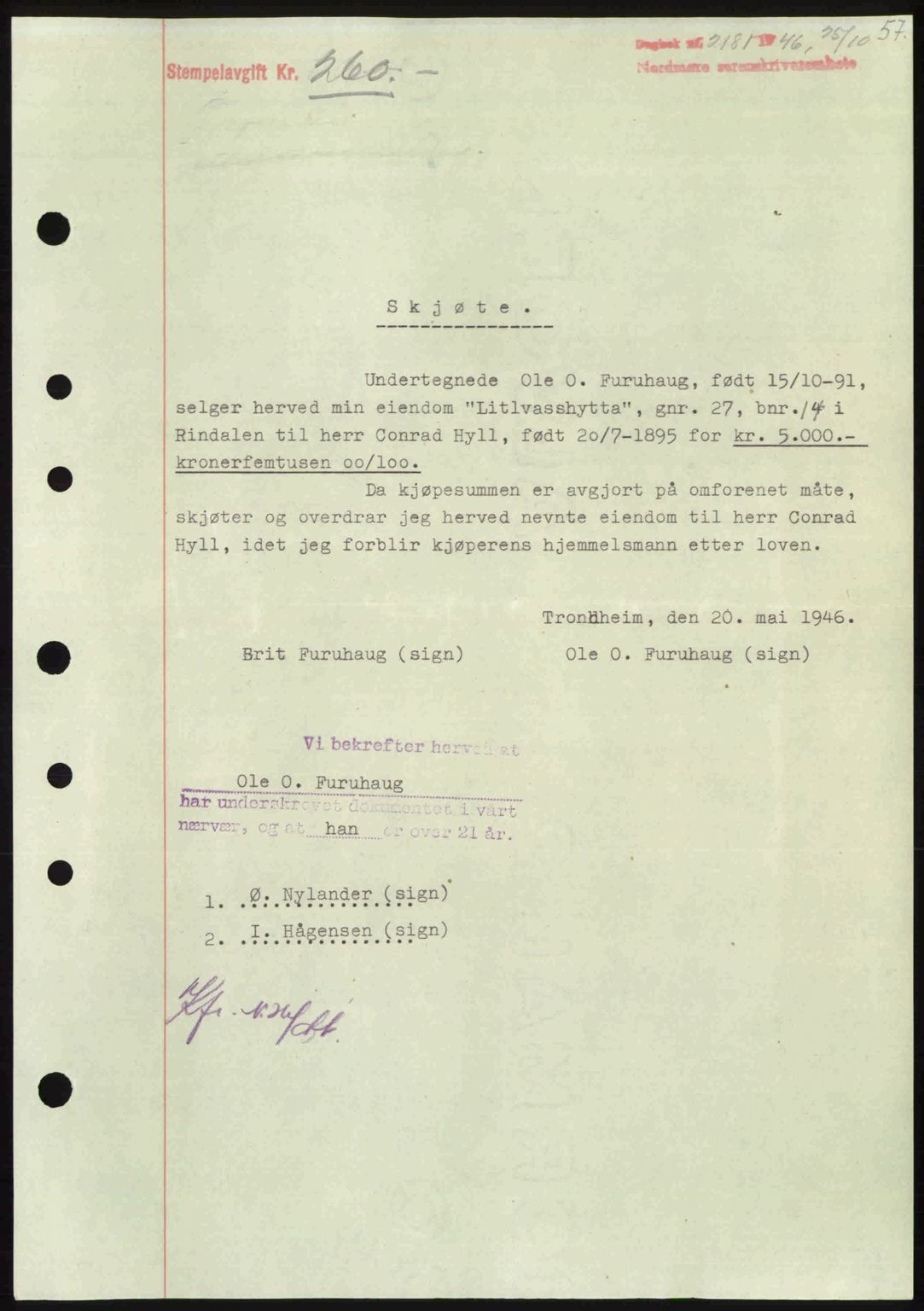 Nordmøre sorenskriveri, SAT/A-4132/1/2/2Ca: Pantebok nr. A103, 1946-1947, Dagboknr: 2181/1946