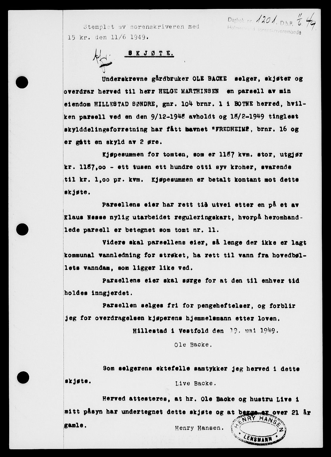 Holmestrand sorenskriveri, SAKO/A-67/G/Ga/Gaa/L0066: Pantebok nr. A-66, 1949-1949, Dagboknr: 1201/1949