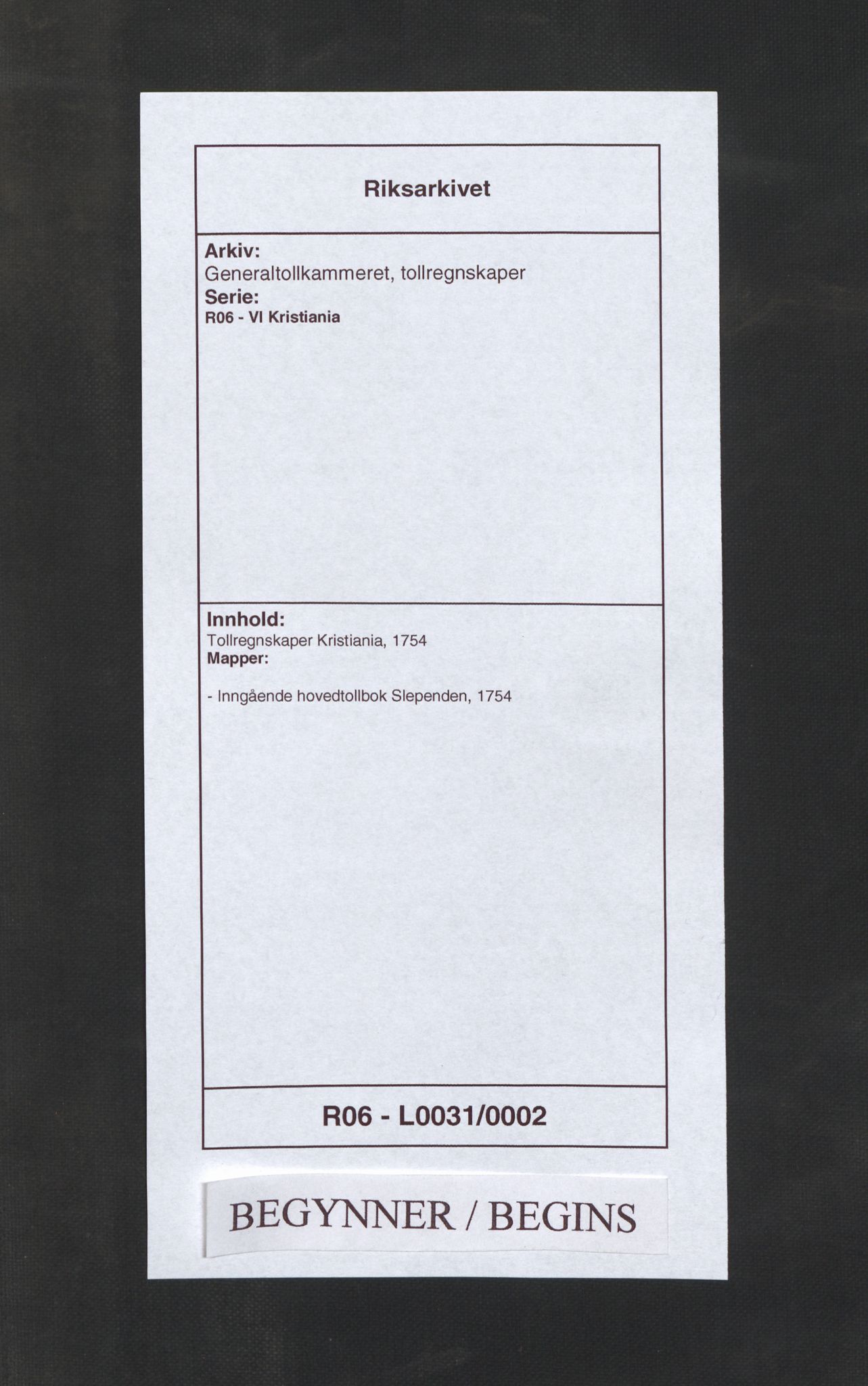 Generaltollkammeret, tollregnskaper, RA/EA-5490/R06/L0031/0002: Tollregnskaper Kristiania / Inngående hovedtollbok Slependen, 1754