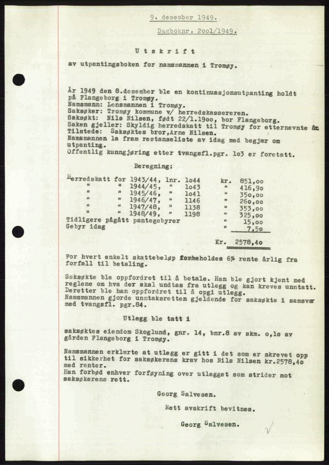 Nedenes sorenskriveri, SAK/1221-0006/G/Gb/Gba/L0061: Pantebok nr. A13, 1949-1949, Dagboknr: 2001/1949