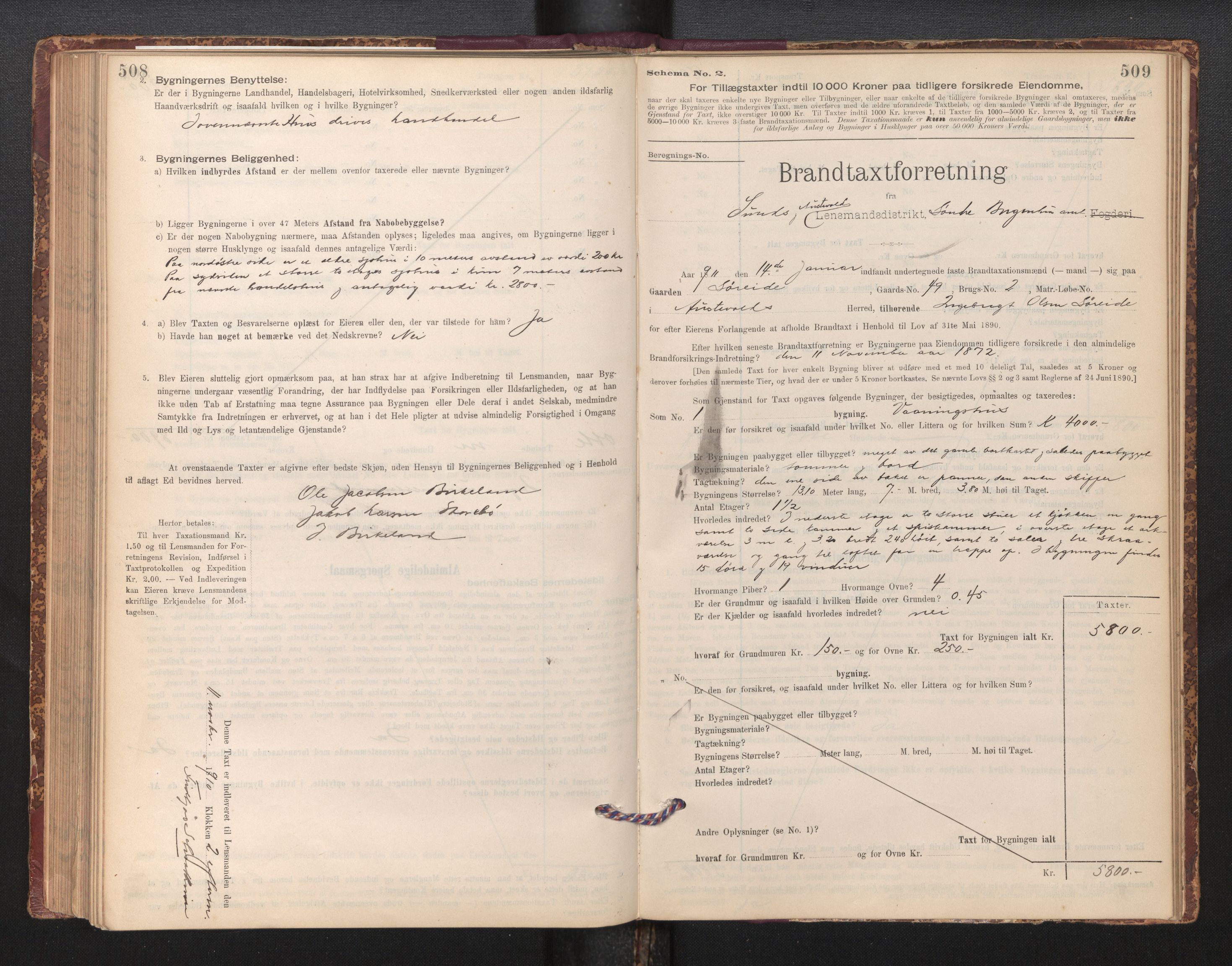 Lensmannen i Sund og Austevoll, SAB/A-35201/0012/L0003: Branntakstprotokoll, skjematakst, 1894-1917, s. 508-509