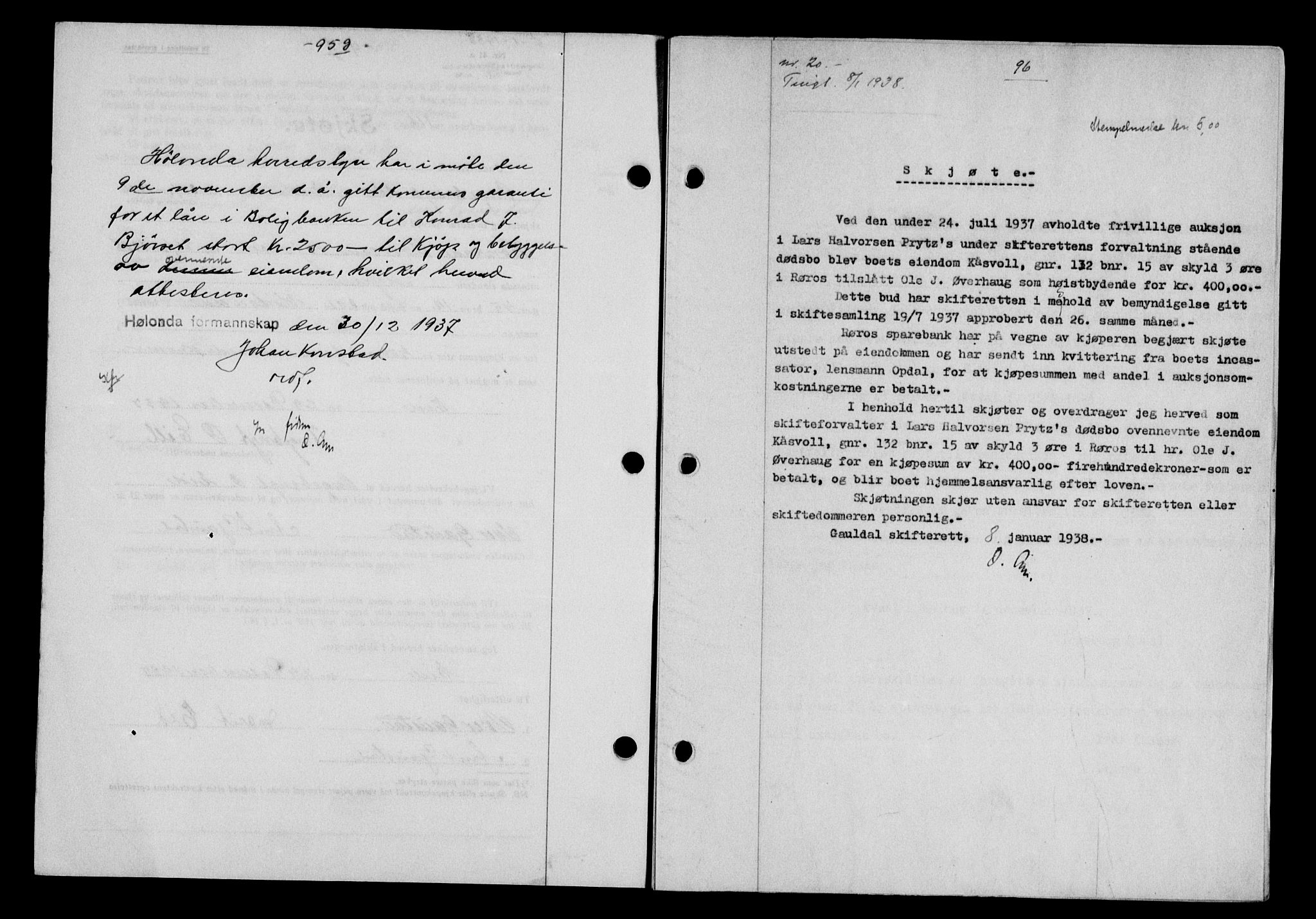 Gauldal sorenskriveri, SAT/A-0014/1/2/2C/L0048: Pantebok nr. 51-52, 1937-1938, s. 95, Dagboknr: 20/1938