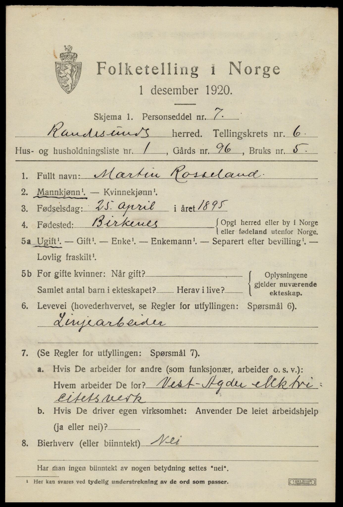 SAK, Folketelling 1920 for 1011 Randesund herred, 1920, s. 2758